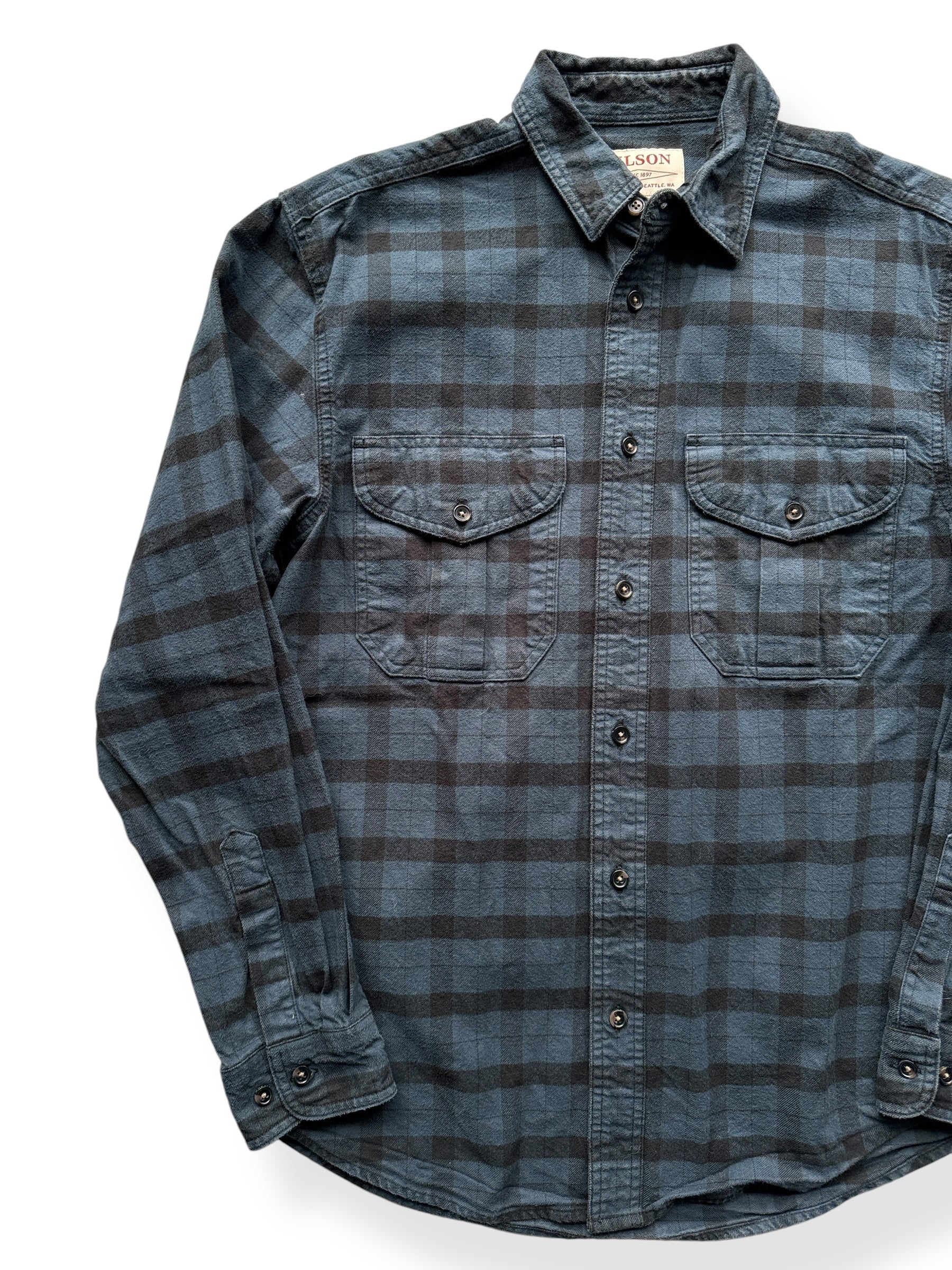 Front Right of Filson Blue Black Guide Shirt SZ S