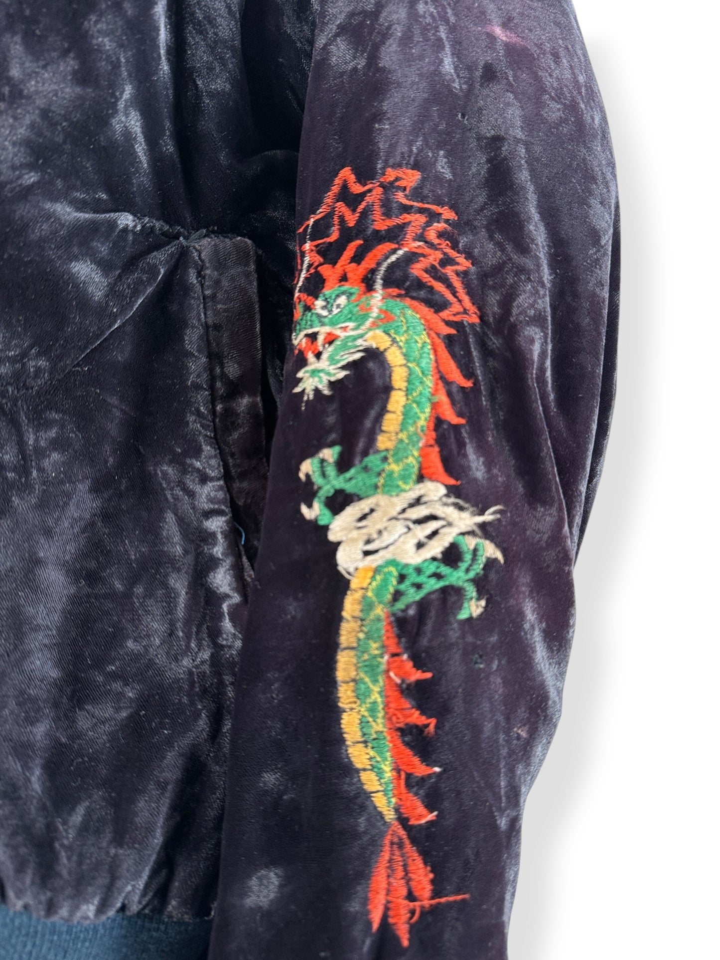 Sleeve Embroidery on Vintage Velvet Korea Hooded Souvenir Jacket SZ M - AS IS