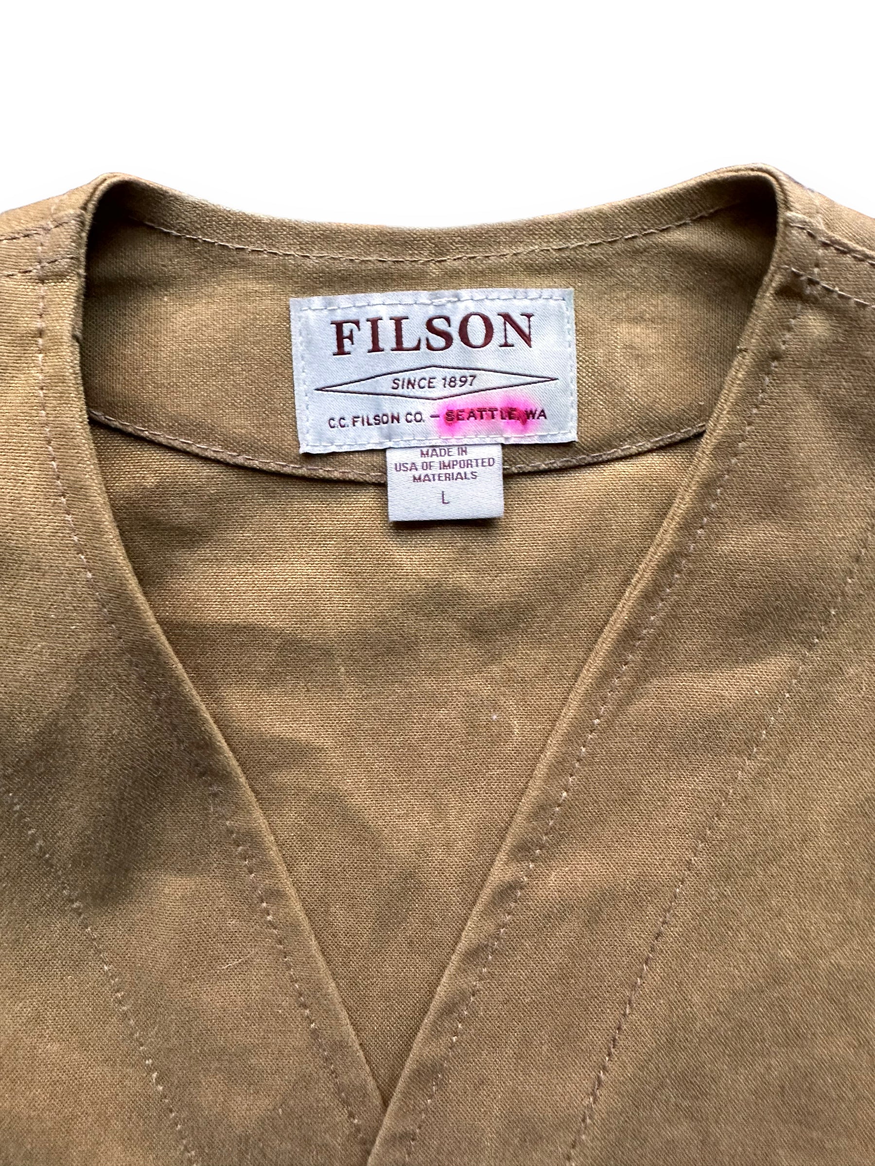 Tag Close Up on Filson Tin Cloth Vest SZ L | Filson Bargain Outlet Seattle | Barn Owl Vintage