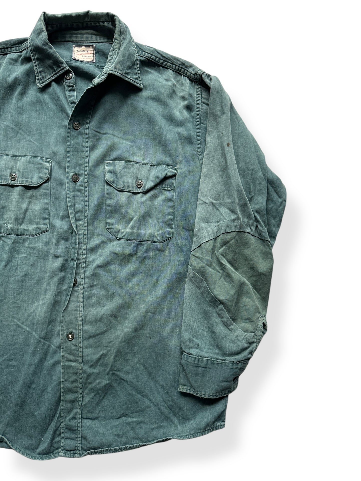 Front Right of Vintage Thrashed & Repaired Sanforized Green Work Shirt SZ L