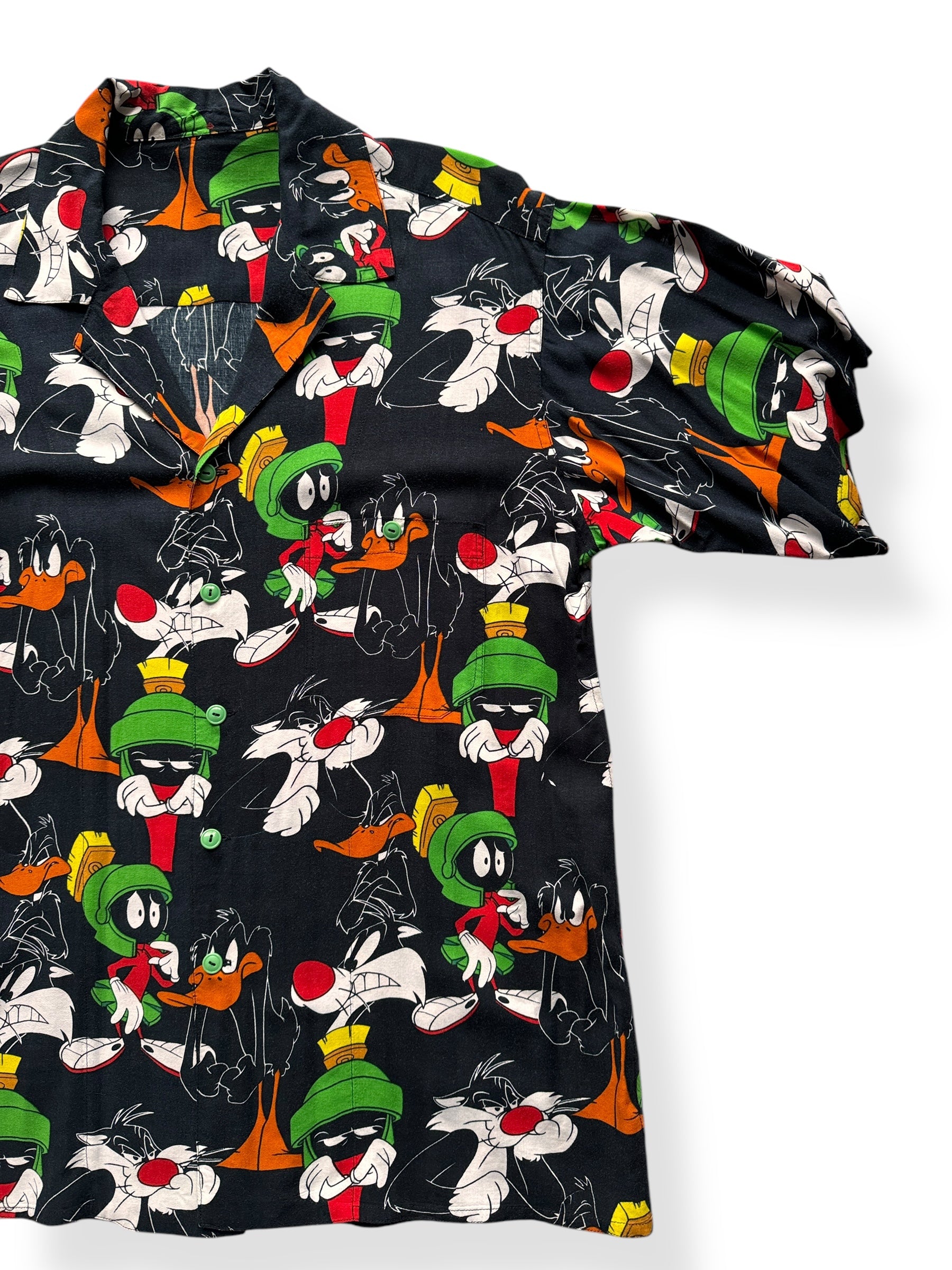 Front Left of Vintage Black Marvin the Martian Daffy Button Up SZ XL