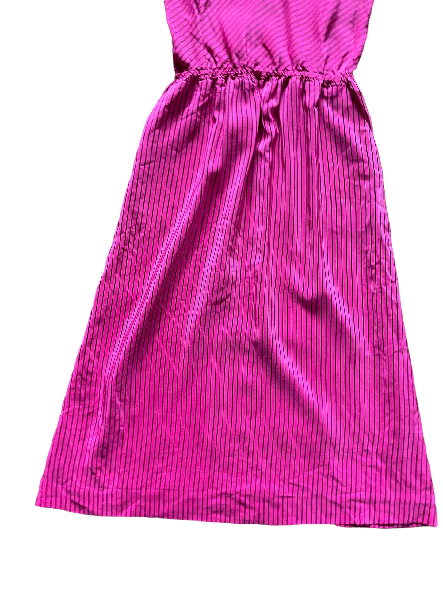 Front skirt view of Vintage 1980s Pink Dress w/ Black Stripes SZ XS  |  Barn Owl Vintage Dresses | Seattle Vintage Ladies Clothing