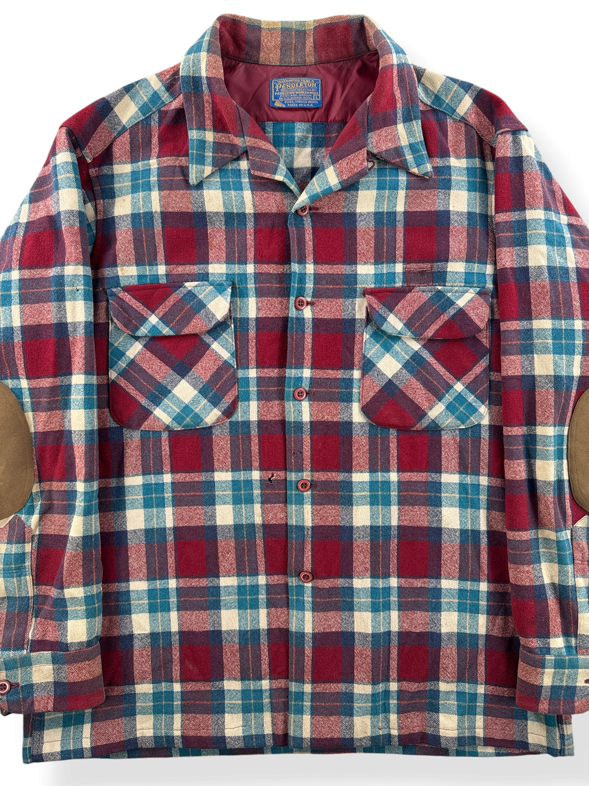 Close-up of Vintage Pendleton Maroon Plaid Board Shirt W/ Elbow Pads SZ L - AS IS