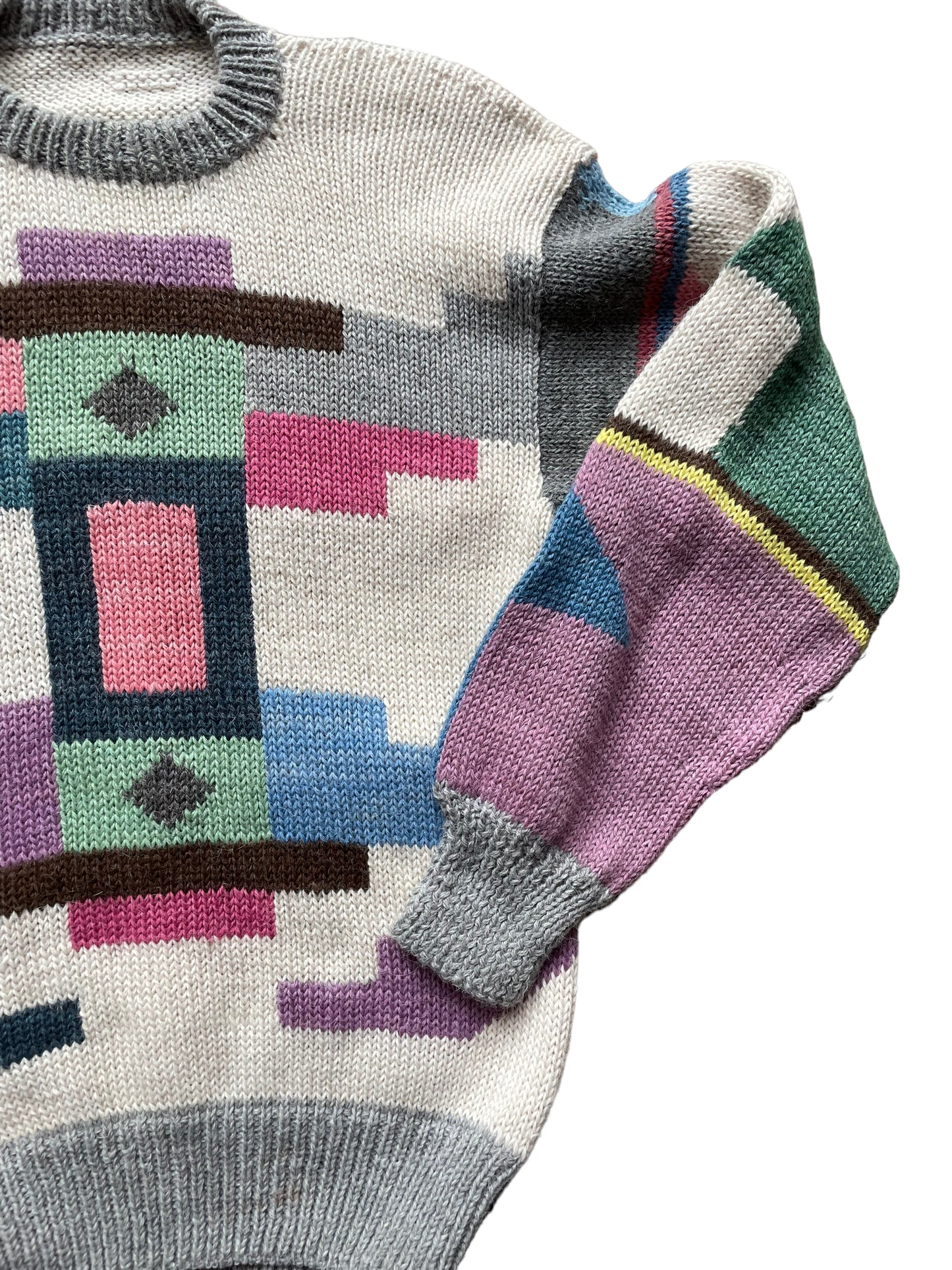 Front left side view of Vintage 1980s Geometric Wool Sweater SZ L | Barn Owl Sweaters | Seattle Vintage