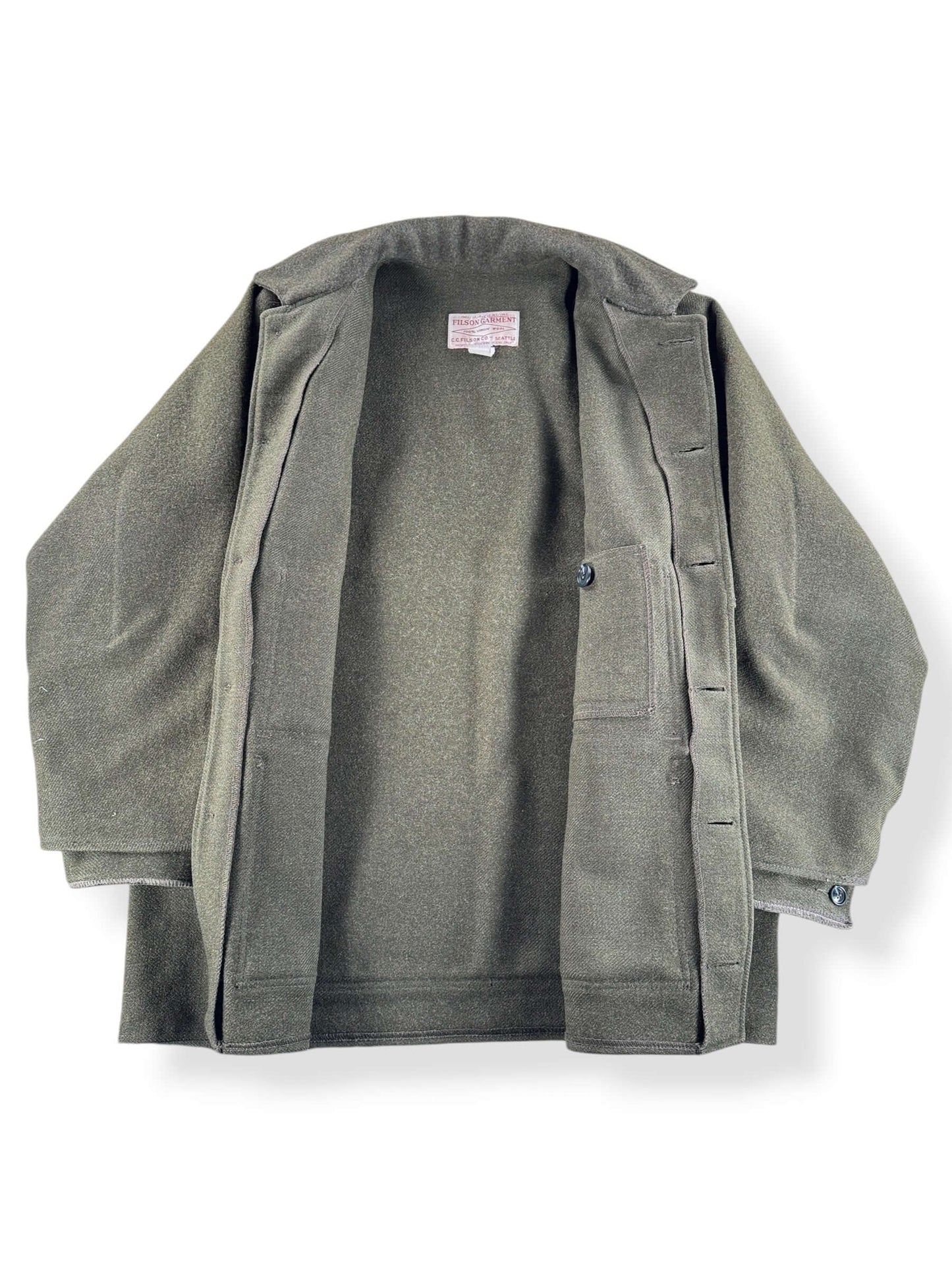 Inside of Vintage 90s Era Repaired Filson Olive Green Double Mackinaw Jacket SZ 46