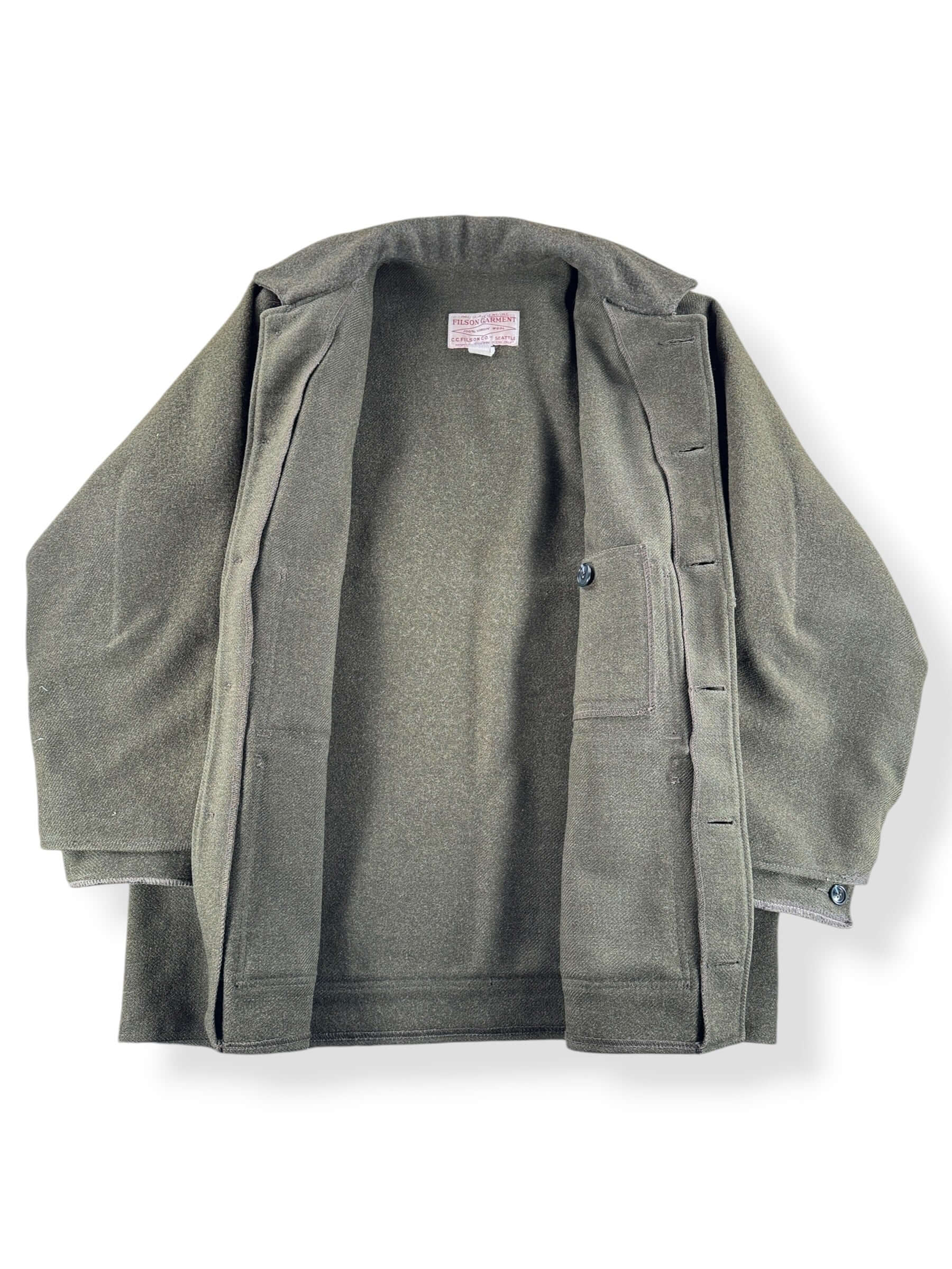 Inside of Vintage 90s Era Repaired Filson Olive Green Double Mackinaw Jacket SZ 46