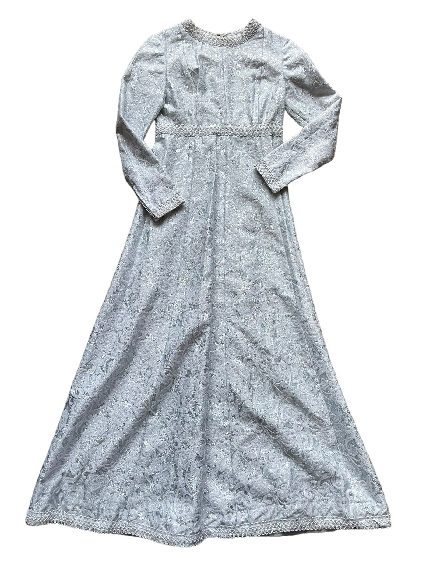 Full front view of Vintage 1960s Silver Maxi Dress SZ S |  Barn Owl Ladies Vintage | Seattle Vintage 1960s Dresses