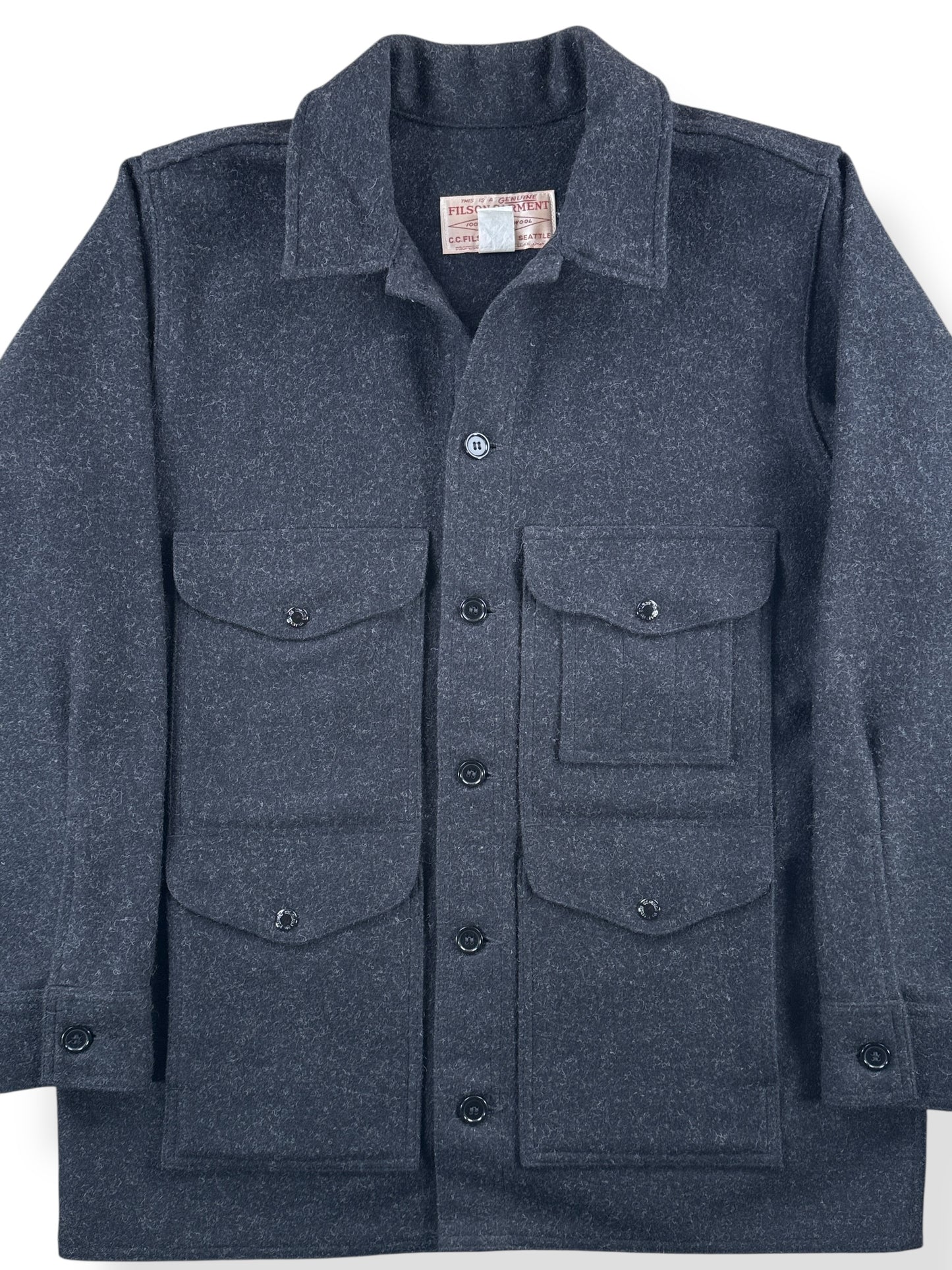 Front Close Up of Filson Charcoal Mackinaw Jacket SZ 42