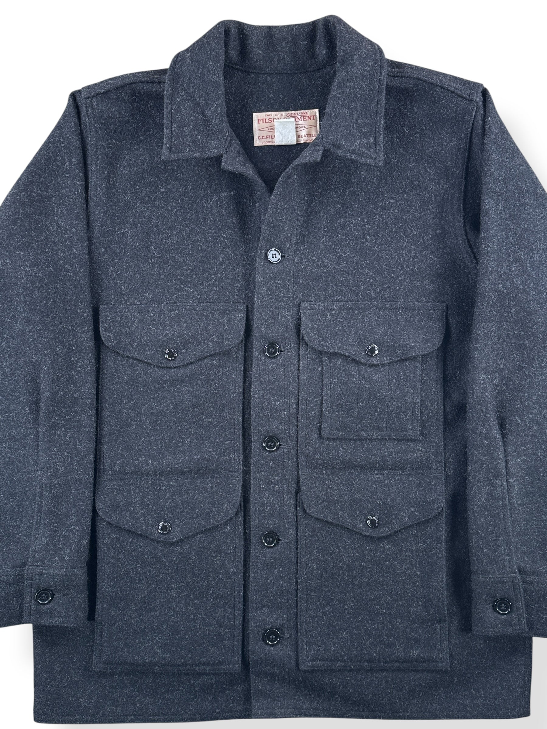 Front Close Up of Filson Charcoal Mackinaw Jacket SZ 42