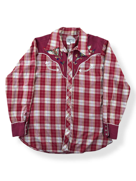 Front of Vintage H Bar C Red Plaid Pearl Snap SZ L