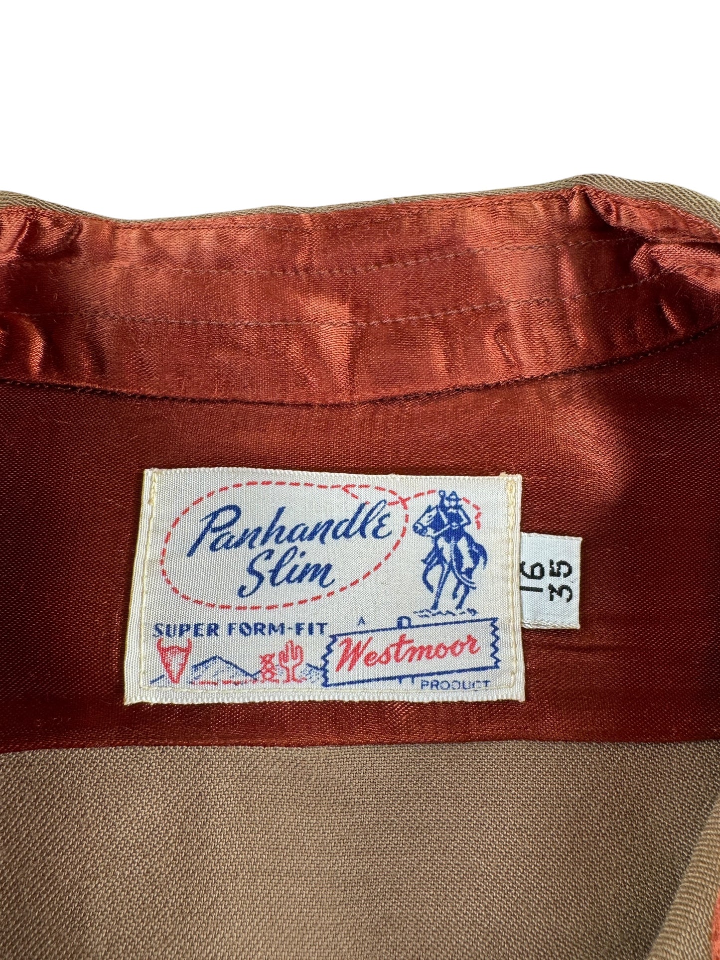 Label on Vintage Rayon Gabardine Panhandle Slim Pearl Snap SZ L