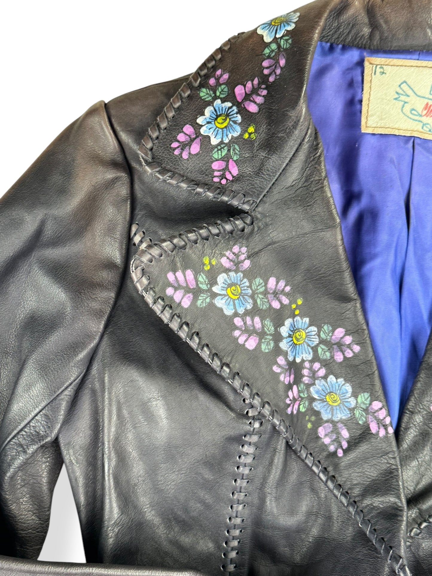 Lapel view of 1970s Char Mexican Hand Painted Leather Jacket M-L