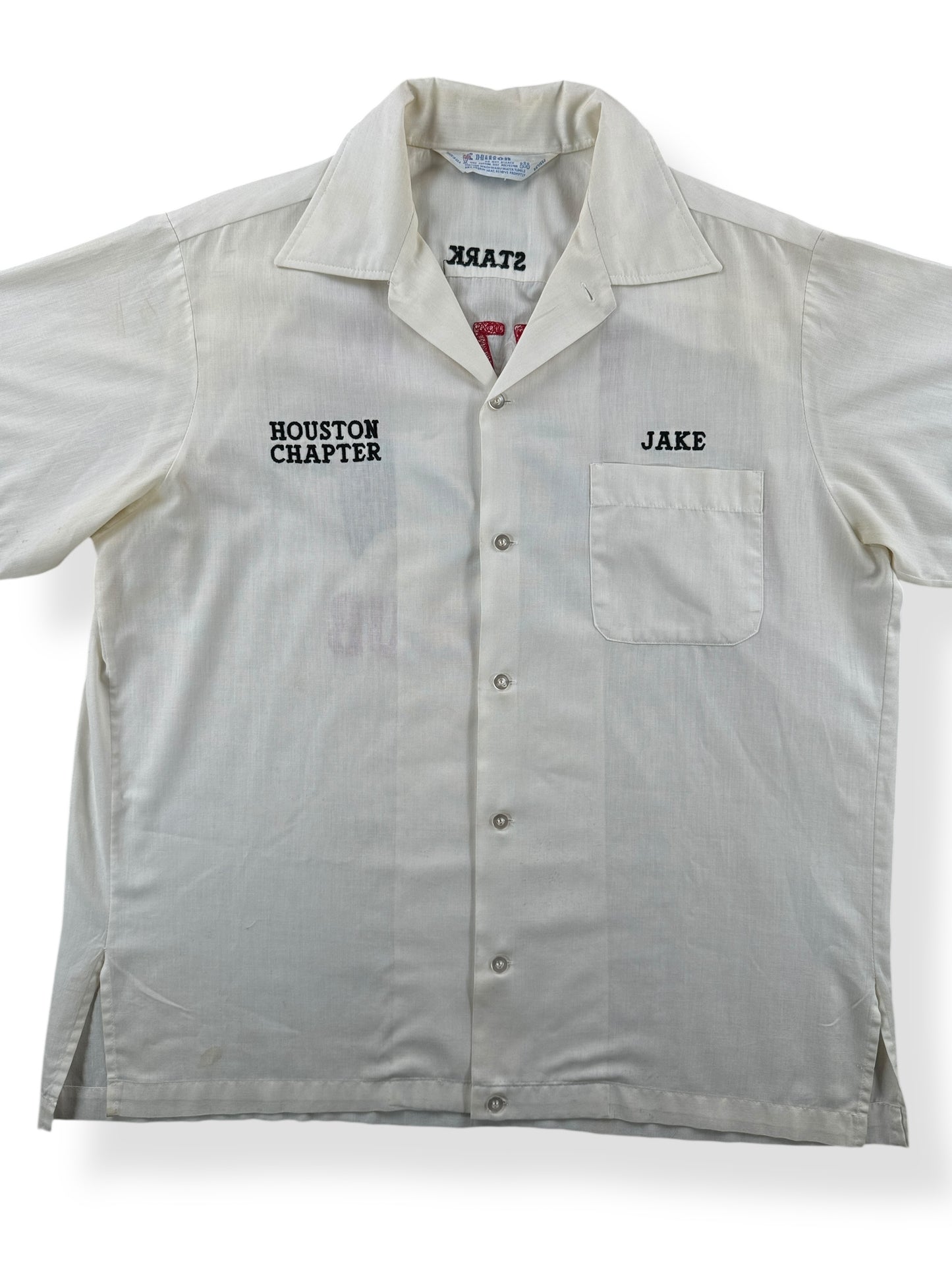 Front Close Up of Vintage Hilton Buzzard Club Chainstitched Bowling Shirt SZ L