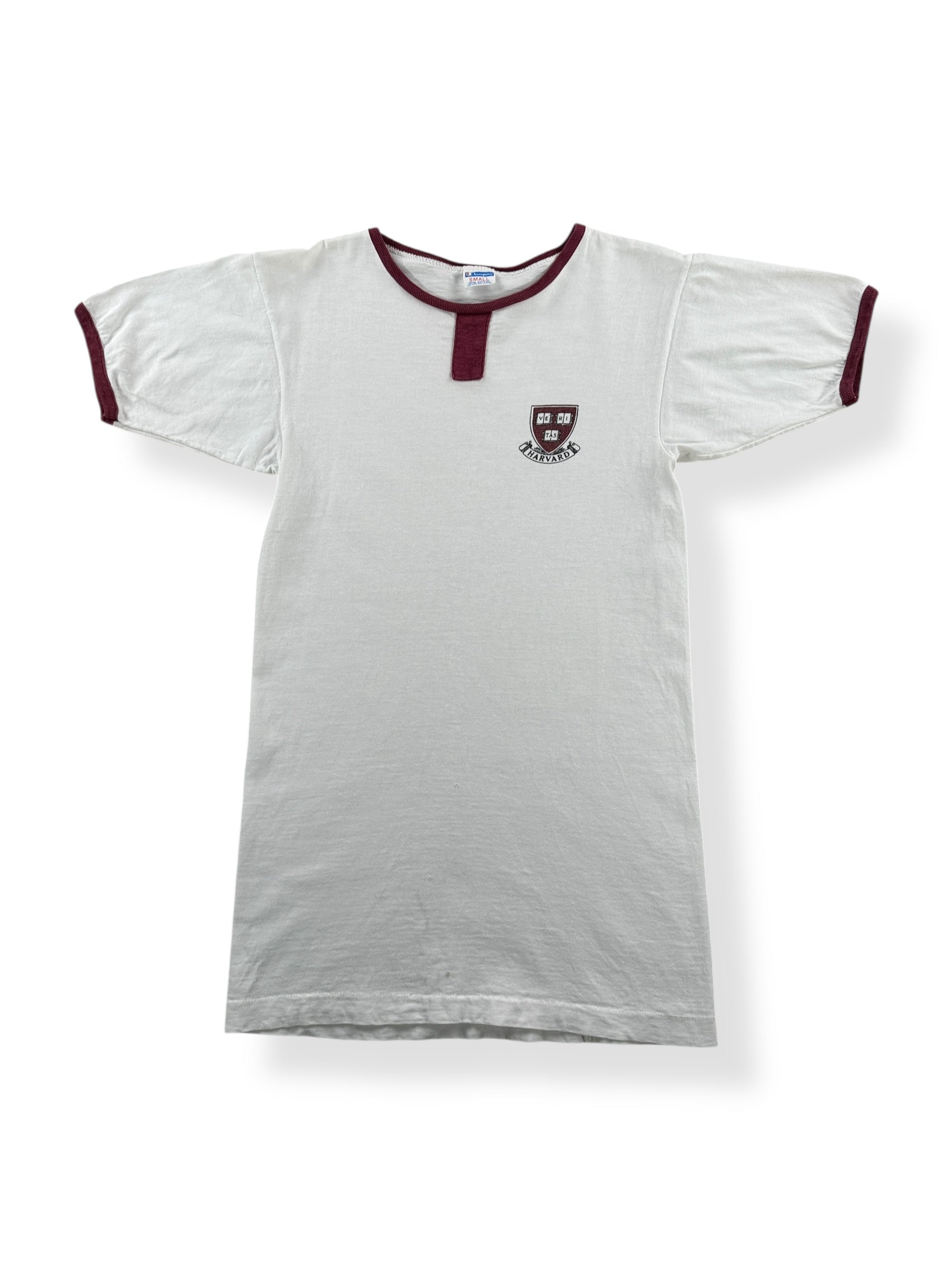 Front of Vintage Champion Blue Bar Harvard Ringer Tee SZ XS