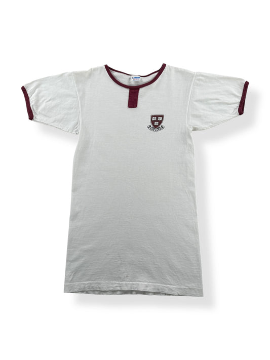 Front of Vintage Champion Blue Bar Harvard Ringer Tee SZ XS