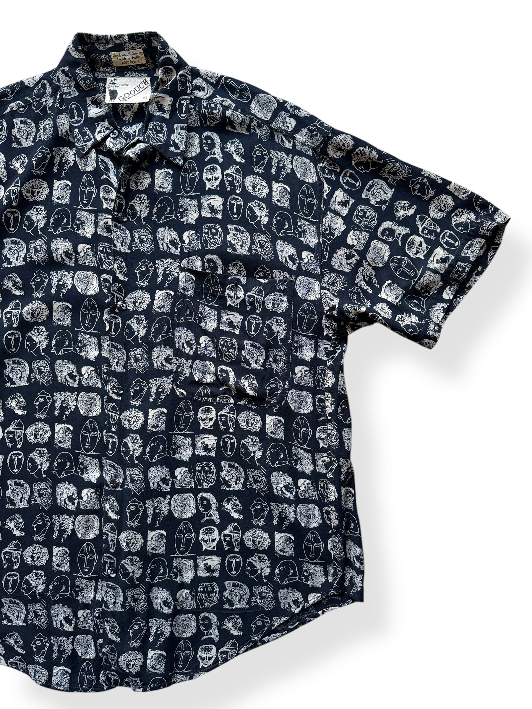 Front Left of Vintage Goouch Rayon Patterned Short Sleeve Shirt SZ S