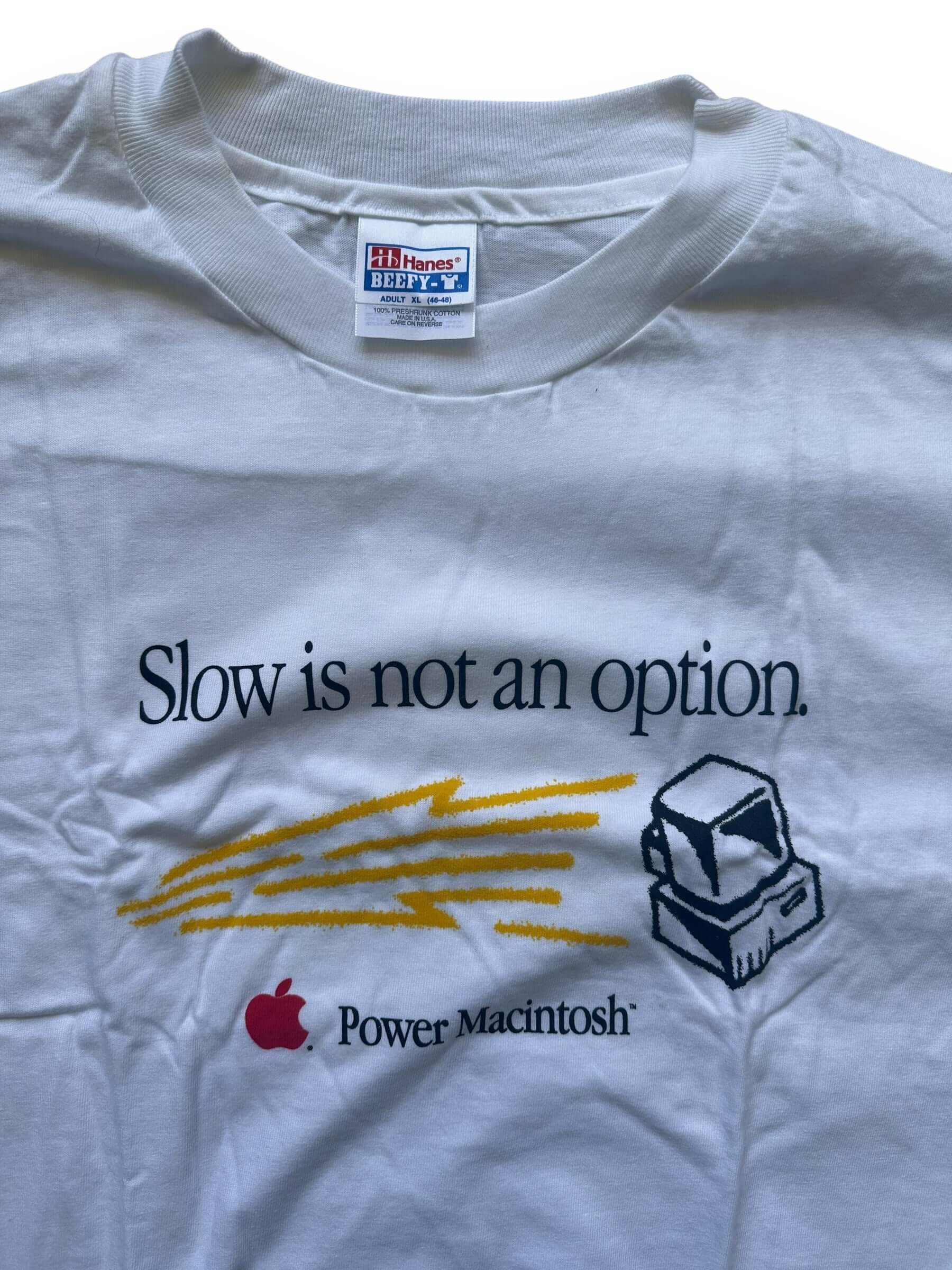 Tag View and Graphic Close Up on Vintage NOS Slow Is Not An Option Power Macintosh Apple T-Shirt SZ XL