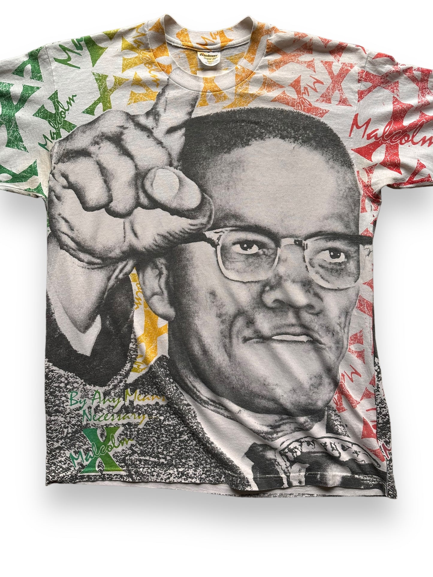 Front Detail on Vintage Malcolm X All Over Print Tee SZ L | Vintage Malcolm X T-Shirts Seattle | Barn Owl Vintage Clothing Seattle