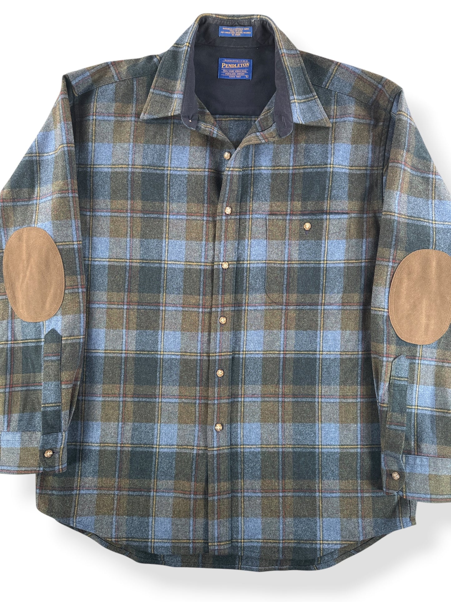Front Close Up of Vintage Made in Mexico Green & Blue Pendleton Flannel SZ L