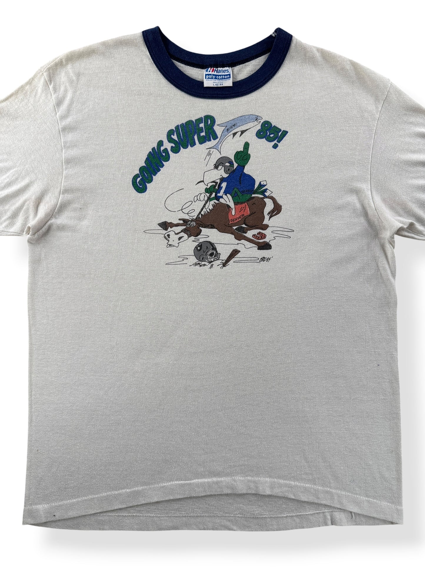 Front Close Up of Vintage 1985 Seahawks Playoff Ringer Tee SZ L (Fits M)