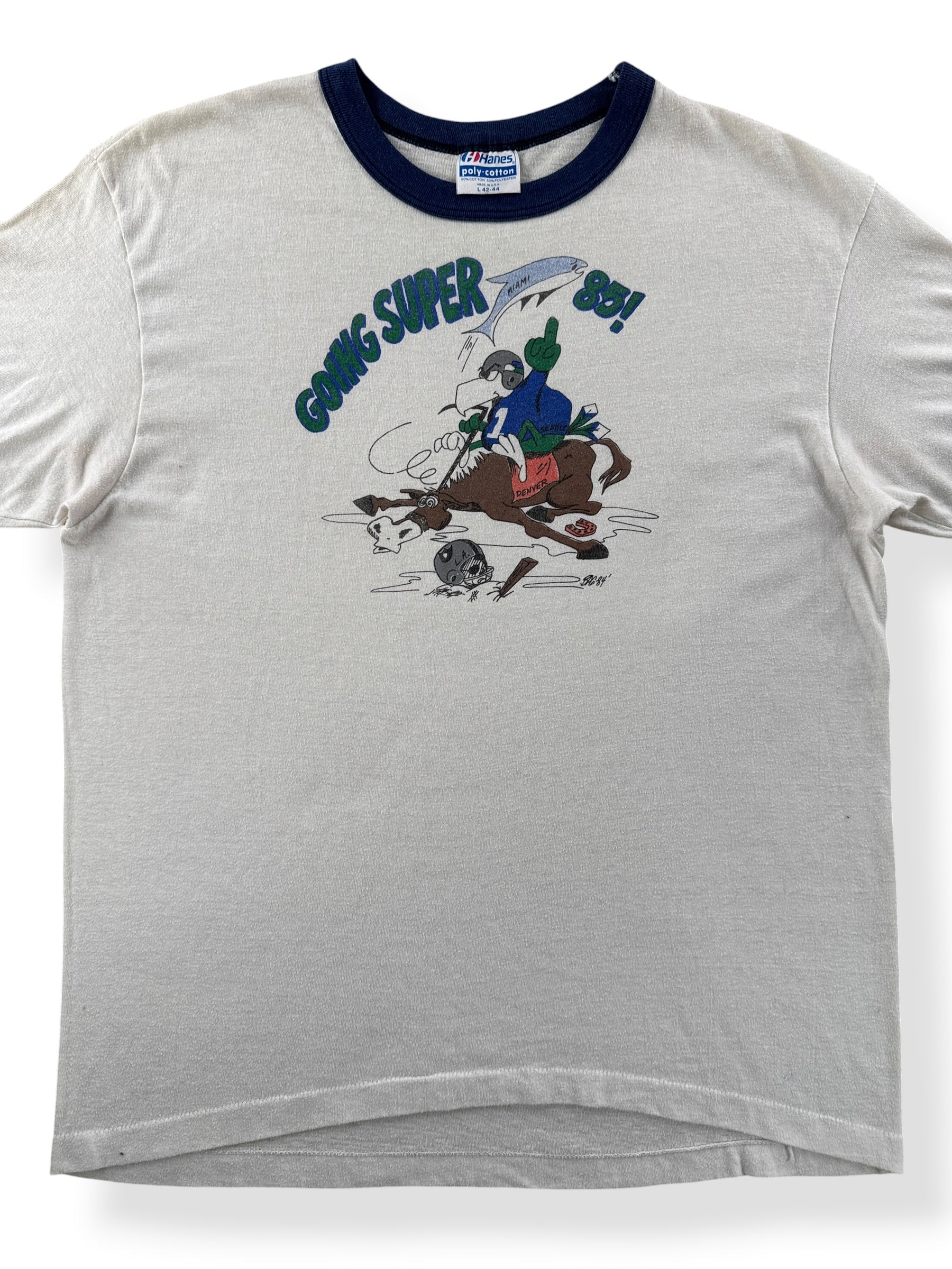 Front Close Up of Vintage 1985 Seahawks Playoff Ringer Tee SZ L (Fits M)