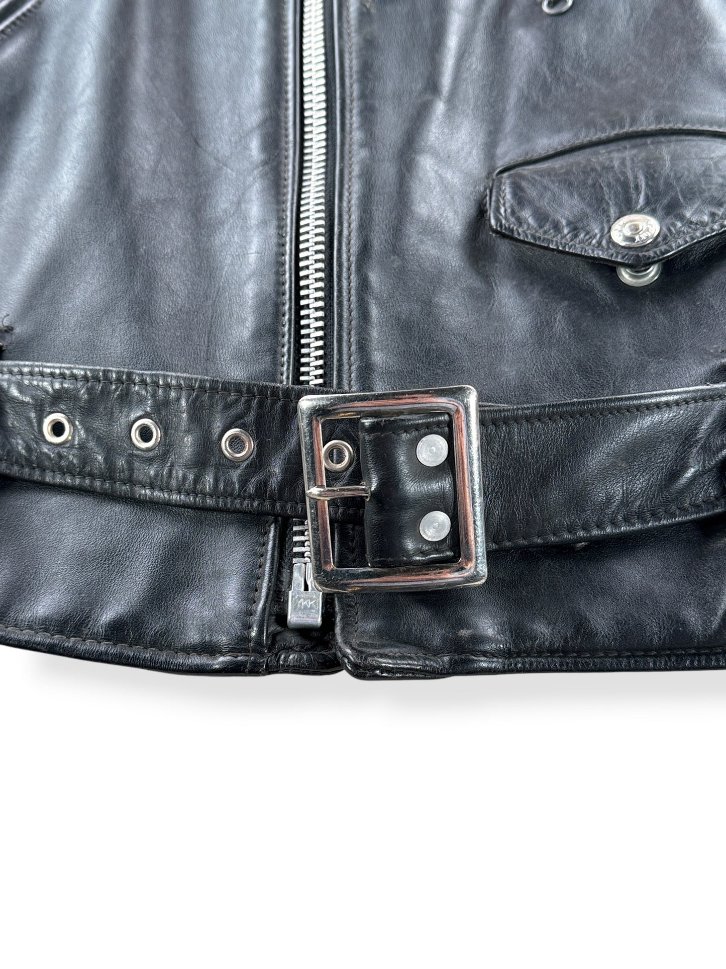 Belt on Vintage 80s Era Schott Perfecto Leather Jacket SZ 44