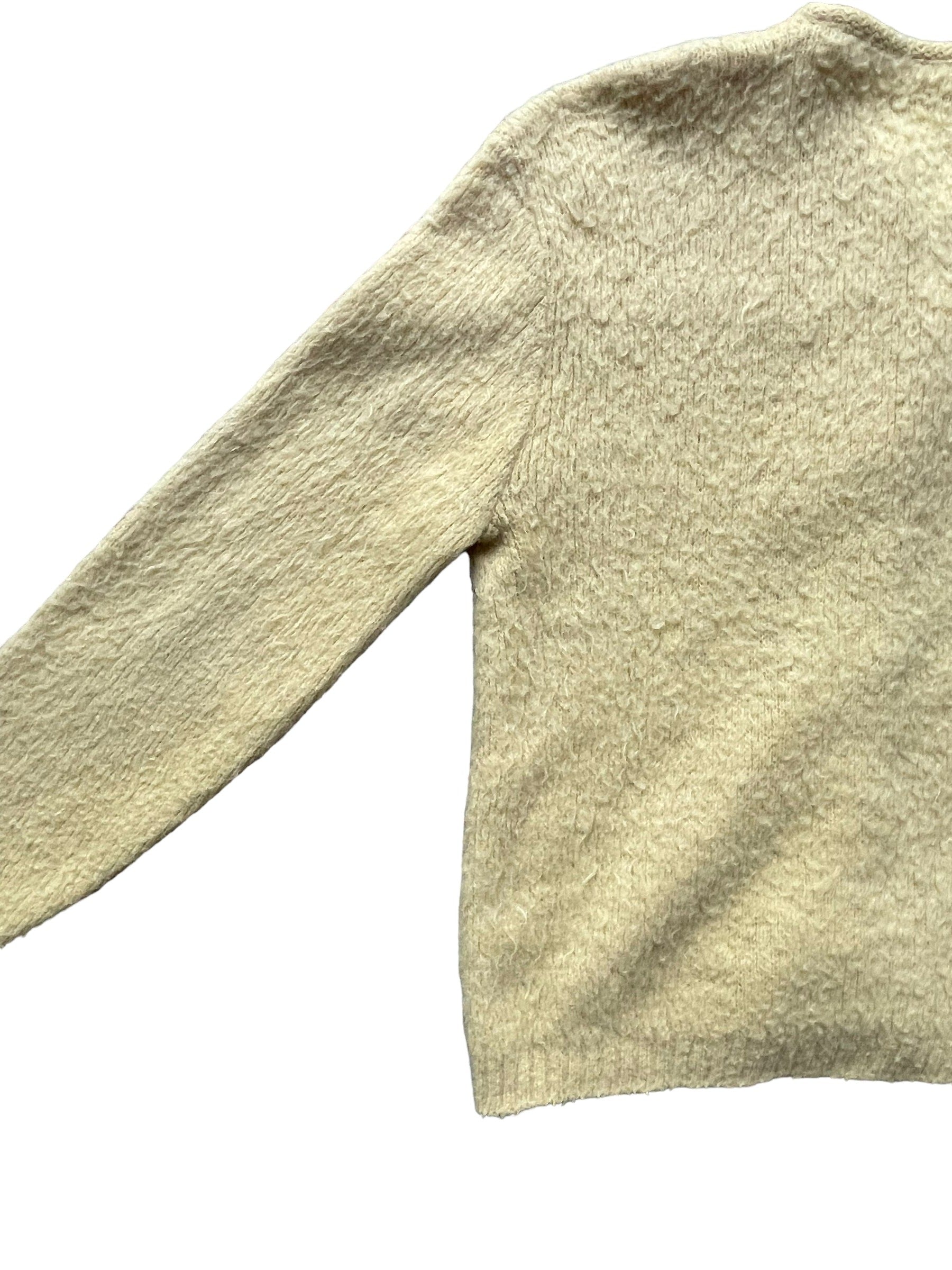 Back left side view of Vintage 1950s Yellow Orlon Mohair Cardigan | Barn Owl Sweaters | Seattle Vintage