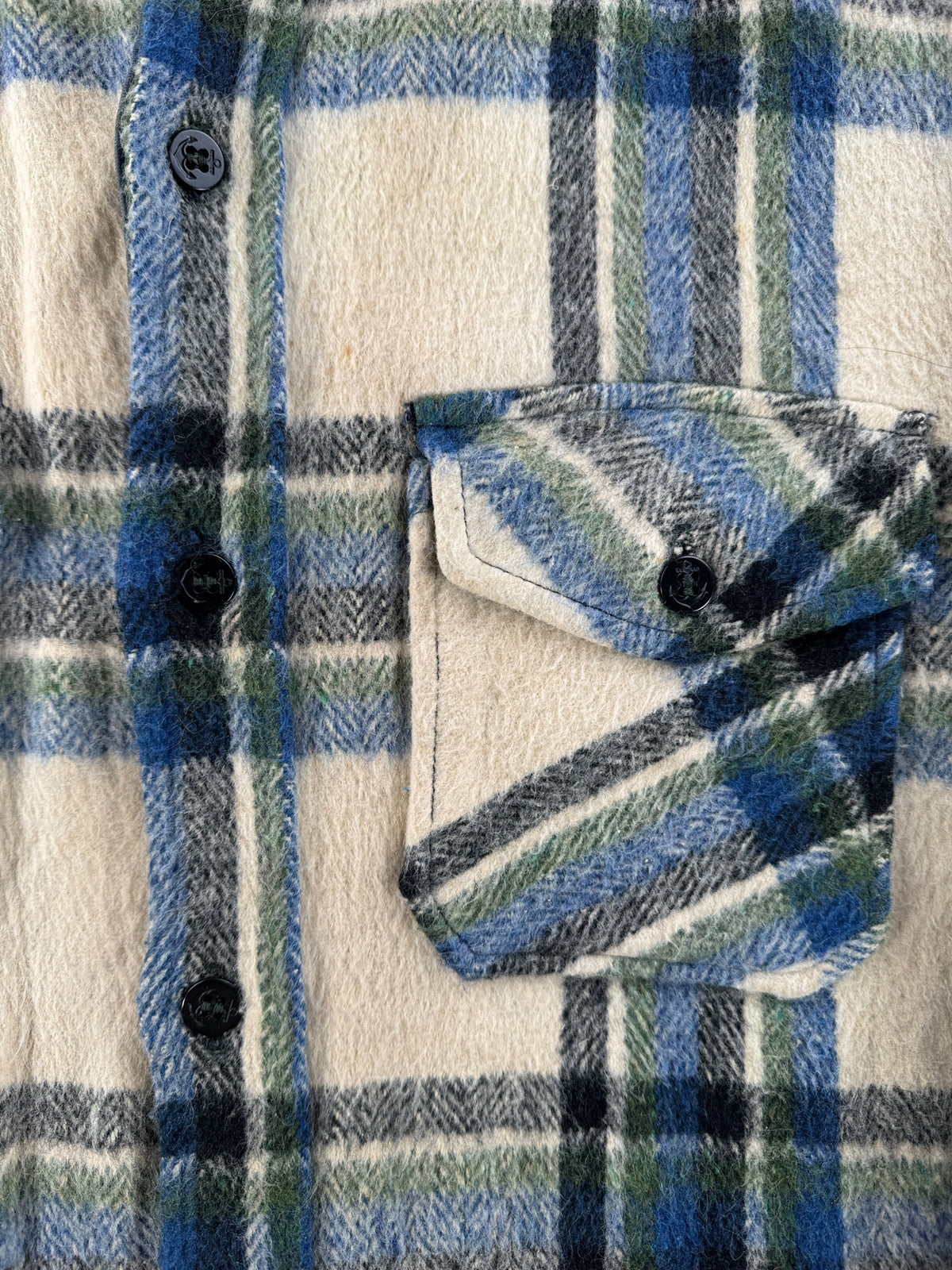 Pockets and buttons on Vintage Blue Plaid CPO Coat SZ M