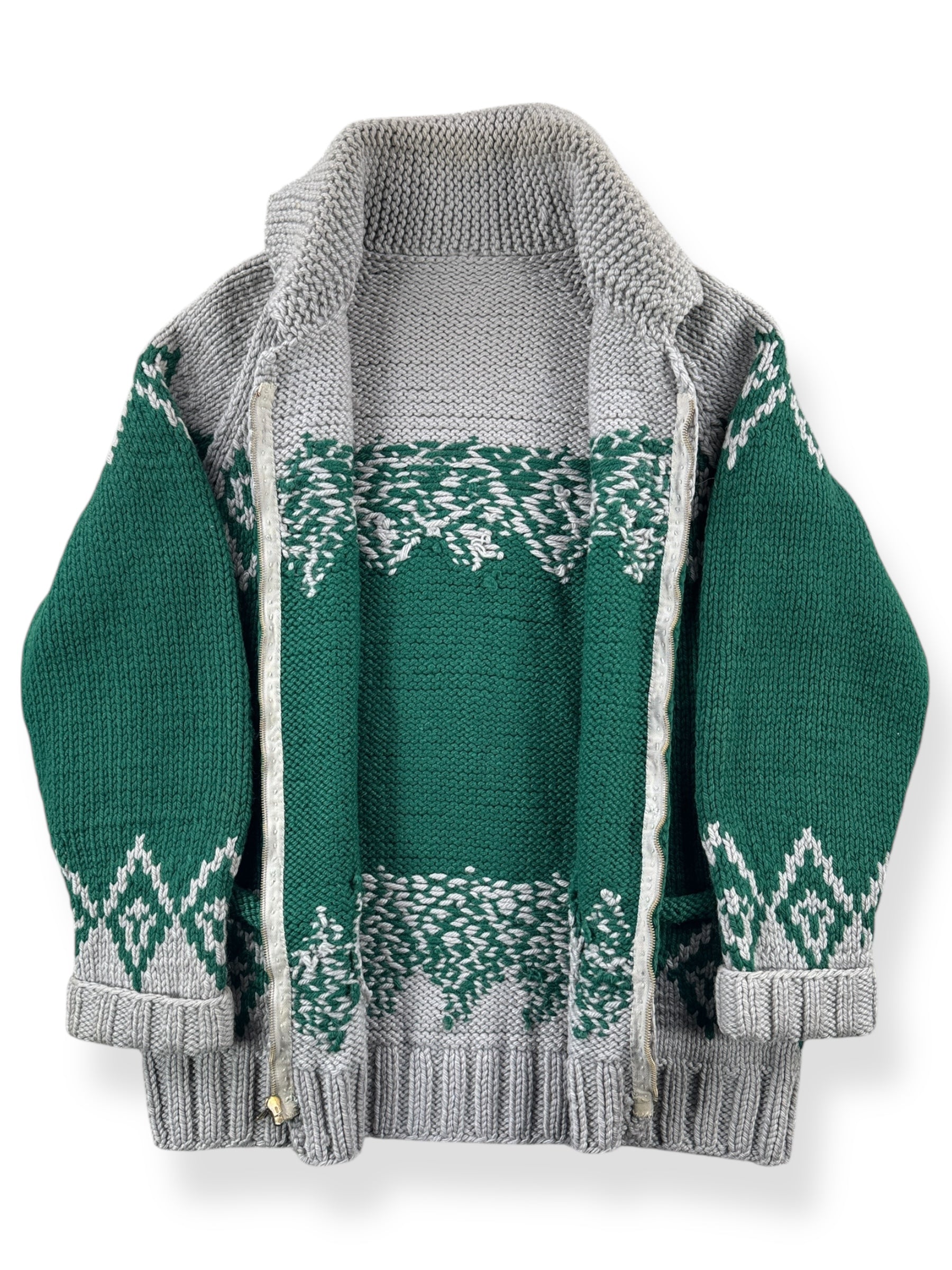 Inside of Vintage Handmade Green & Tan Cowichan Style Sweater SZ M