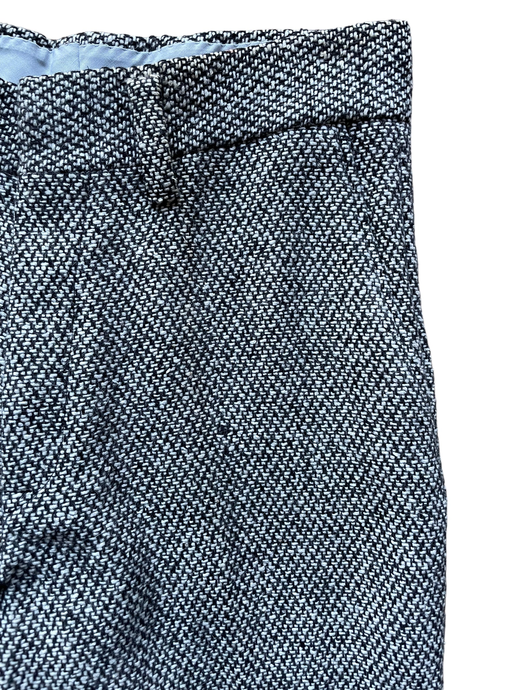 Front left side waist view of Vintage 1970s Deadstock Wool Blend Tweed Trousers W30 | Barn Owl Vintage Seattle | Vintage Trousers