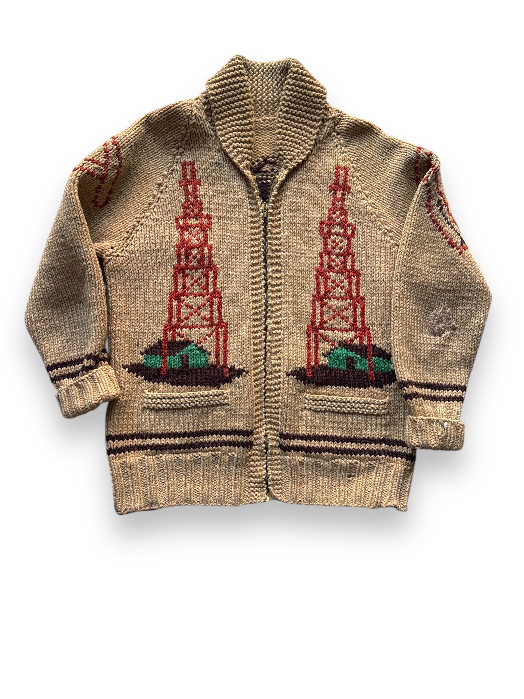 Front View of Vintage Oil Derrick Themed Cowichan Style Sweater SZ M