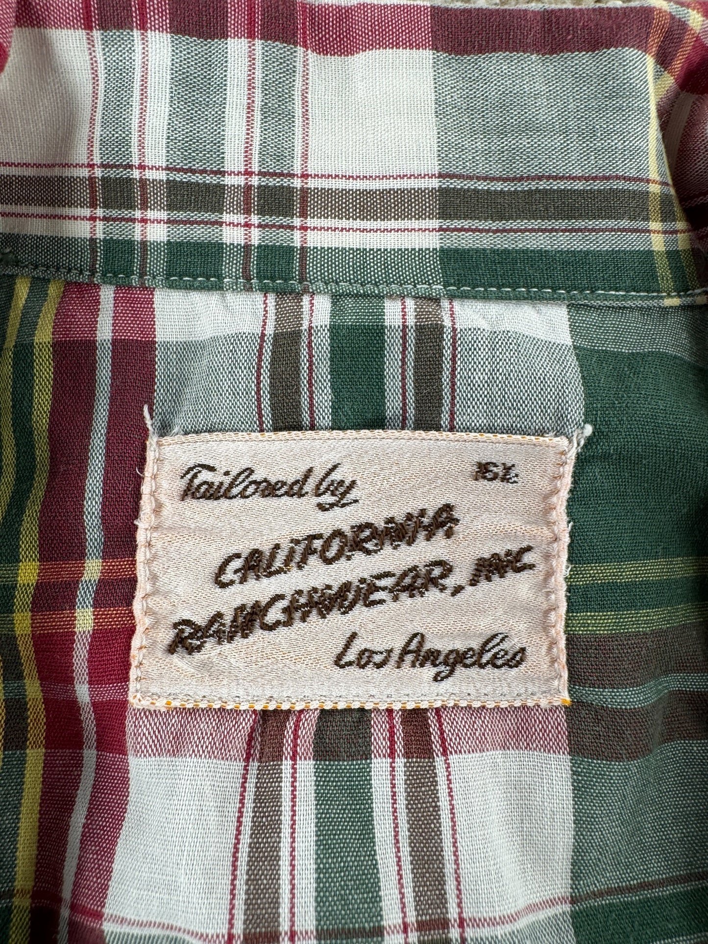 Label on Vintage California Ranchwear Plaid Pearl Snap SZ L