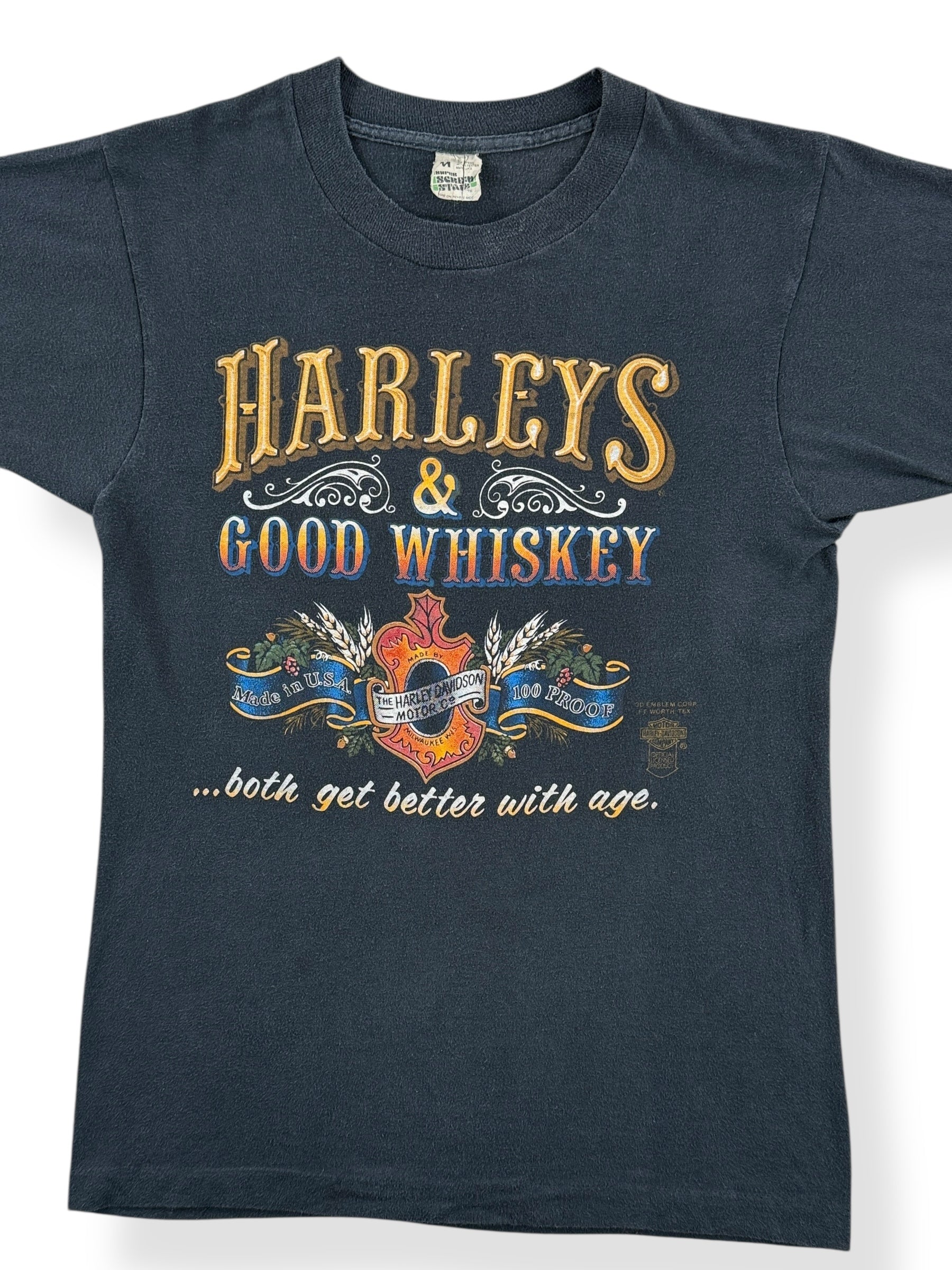 Front Close Up of Vintage Harleys & Whiskey Tee SZ S