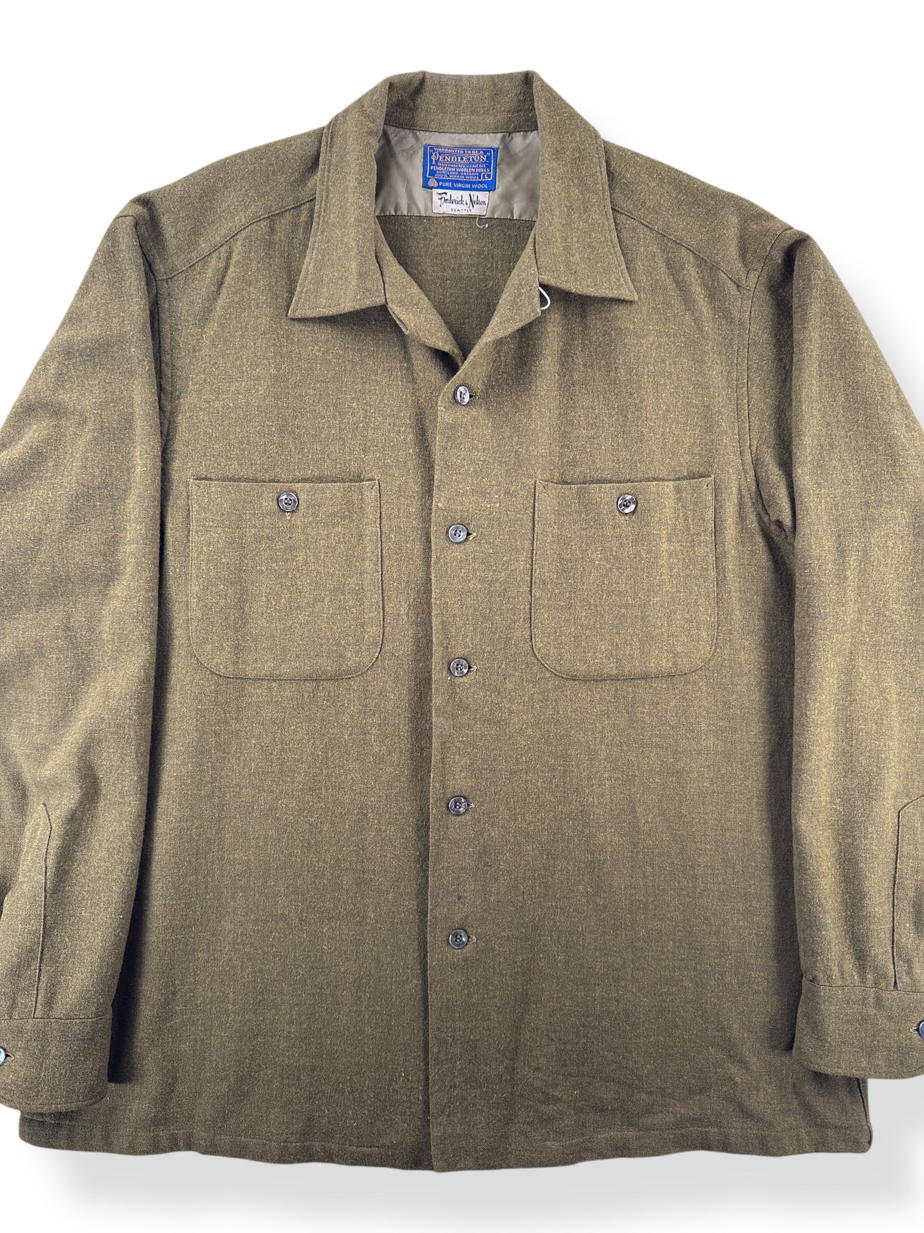 Front Close Up of Vintage Frederick & Nelson Green Pendleton Board Shirt SZ L
