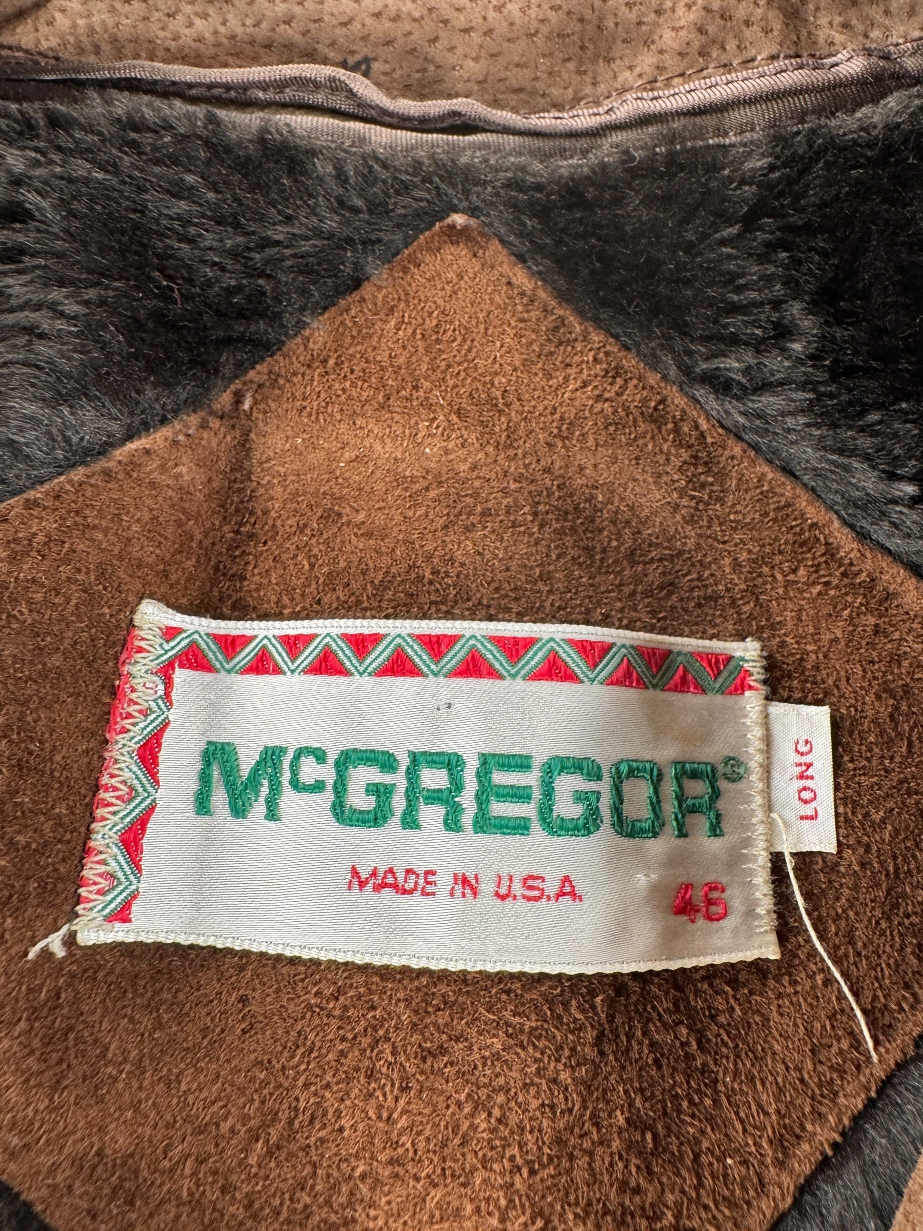 Label on Vintage 70s Mcgregor Suede Lined Coat SZ 46