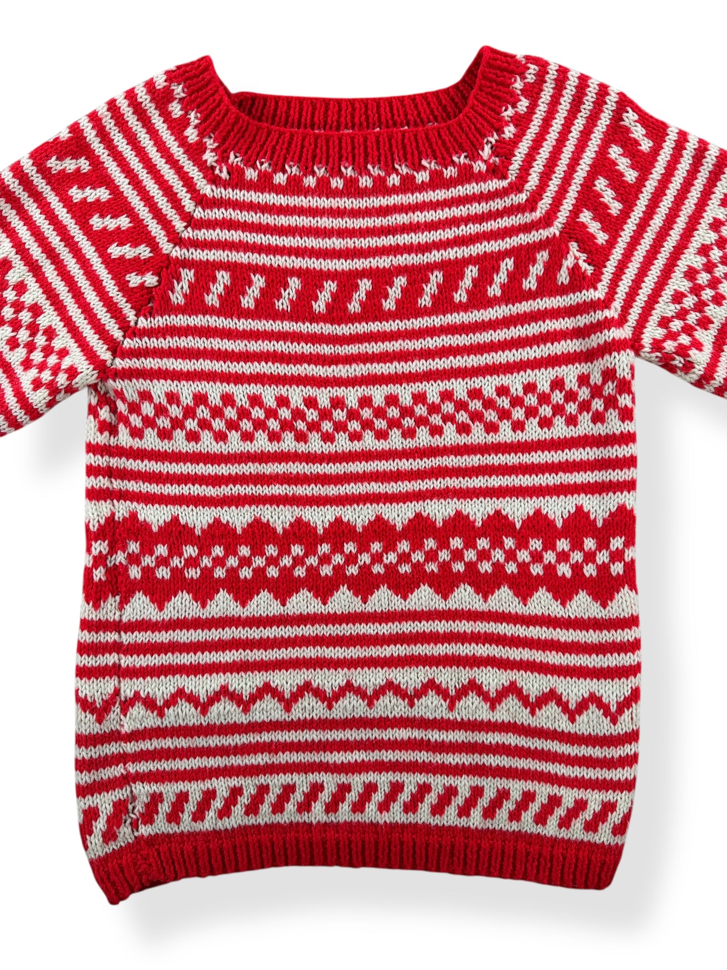 Front Close Up of Vintage 60s Handmade Red/White Short Sleeve Sweater SZ S