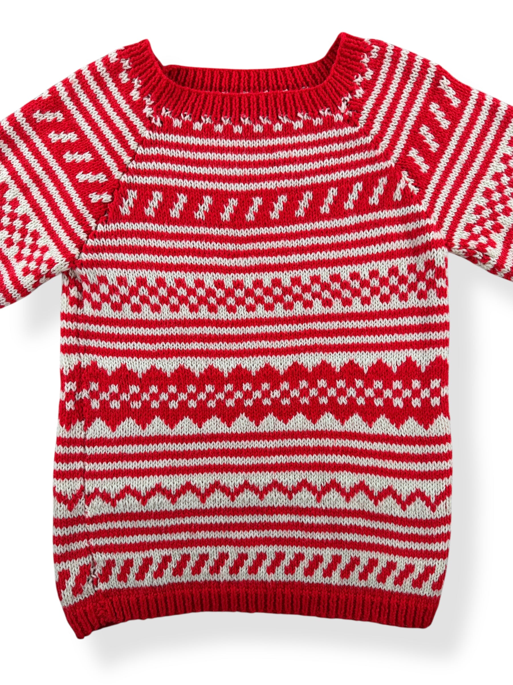 Front Close Up of Vintage 60s Handmade Red/White Short Sleeve Sweater SZ S