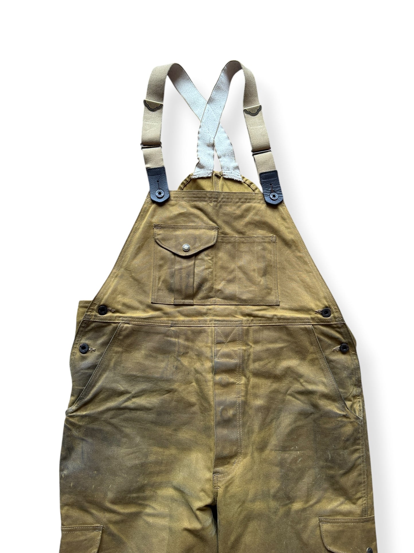 Front Close Up of Filson Oil Finish Double Tin Cloth Bibs W36 (Fits W42)