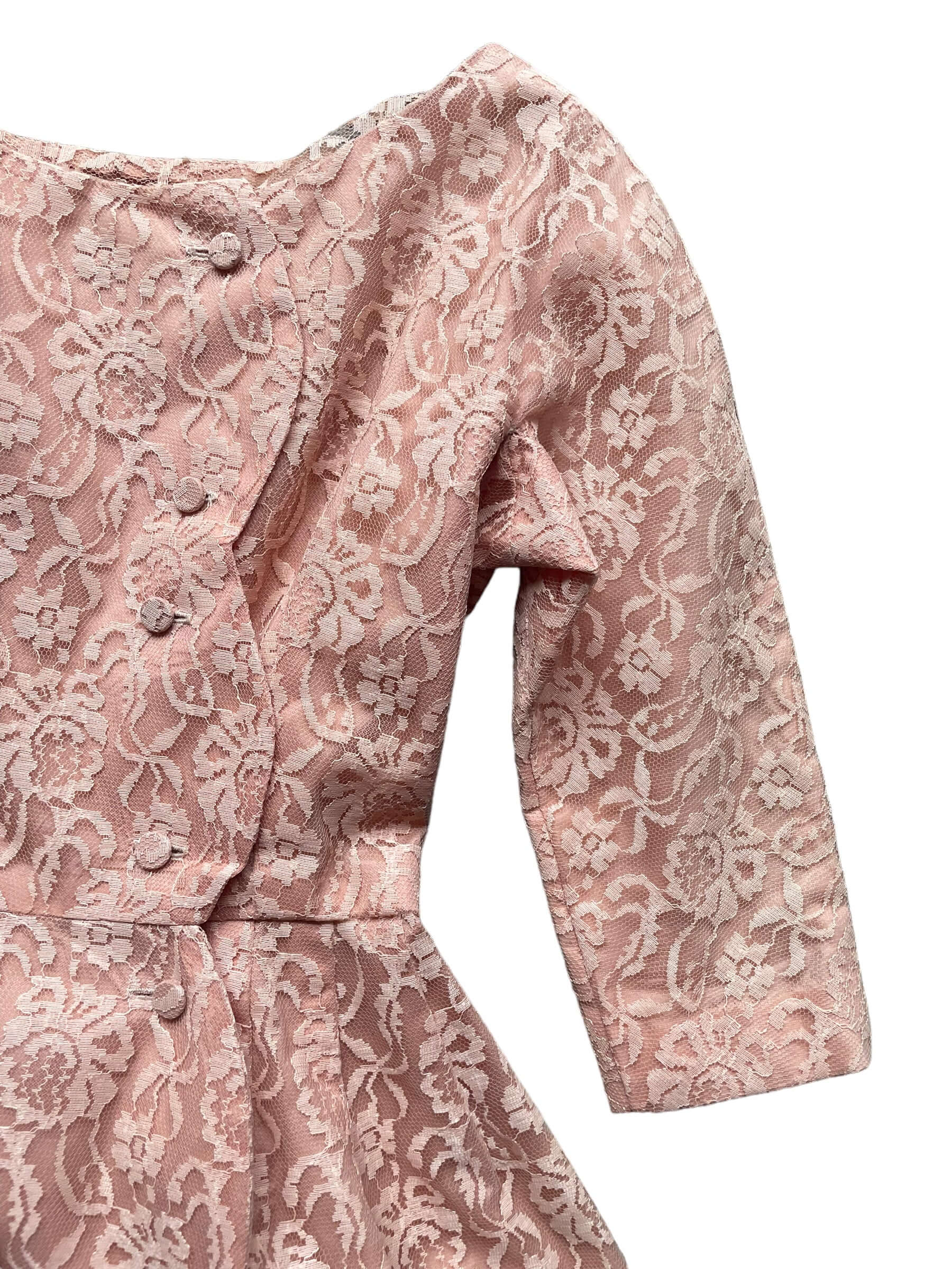 Front left shoulder Vintage 1950s Handmade Pink Lace Formal Dress |  Barn Owl Vintage Dresses | Seattle Vintage Ladies Clothing