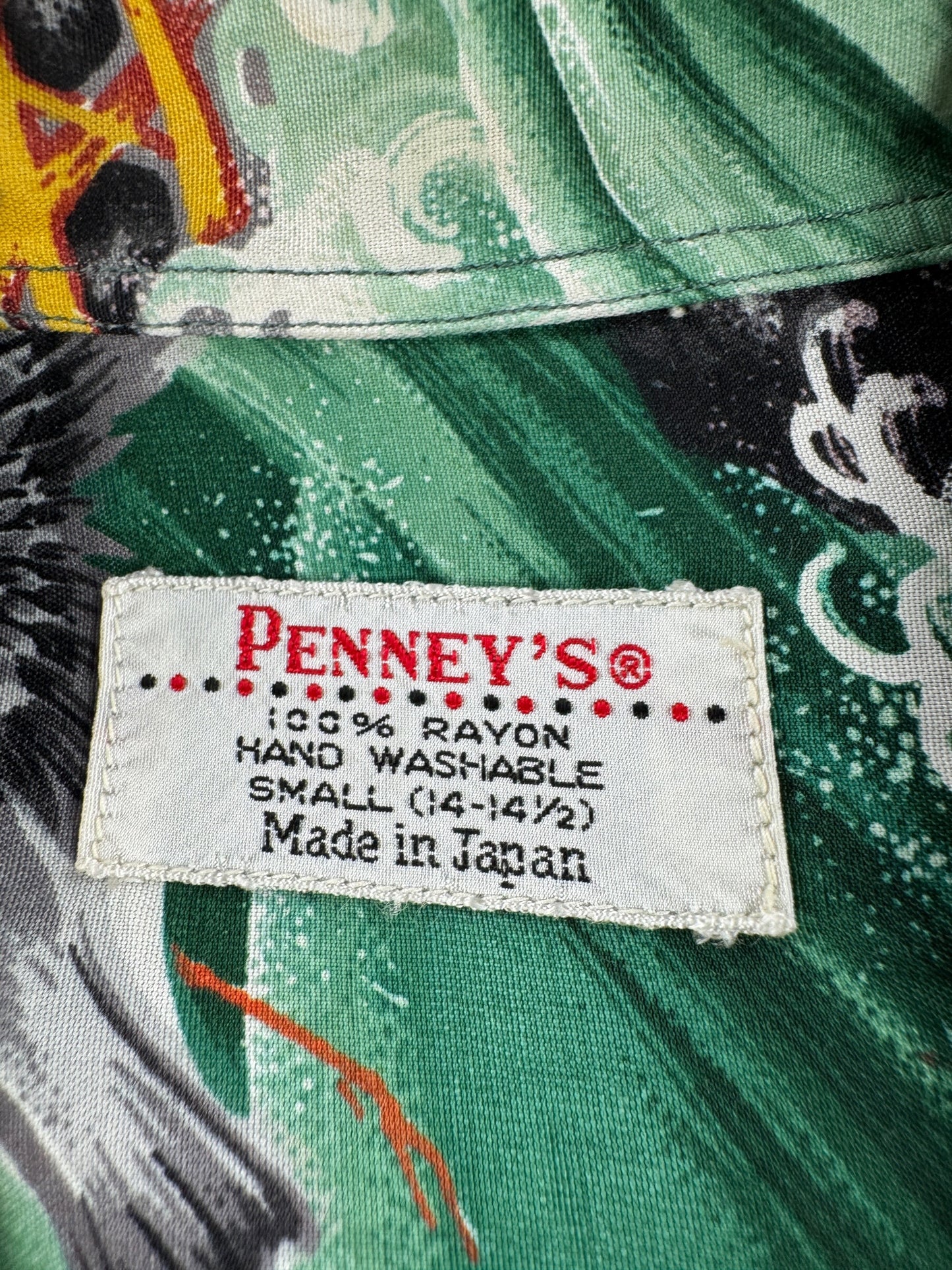 Tag on Vintage Penney's Green Sea Bird Aloha Shirt SZ S