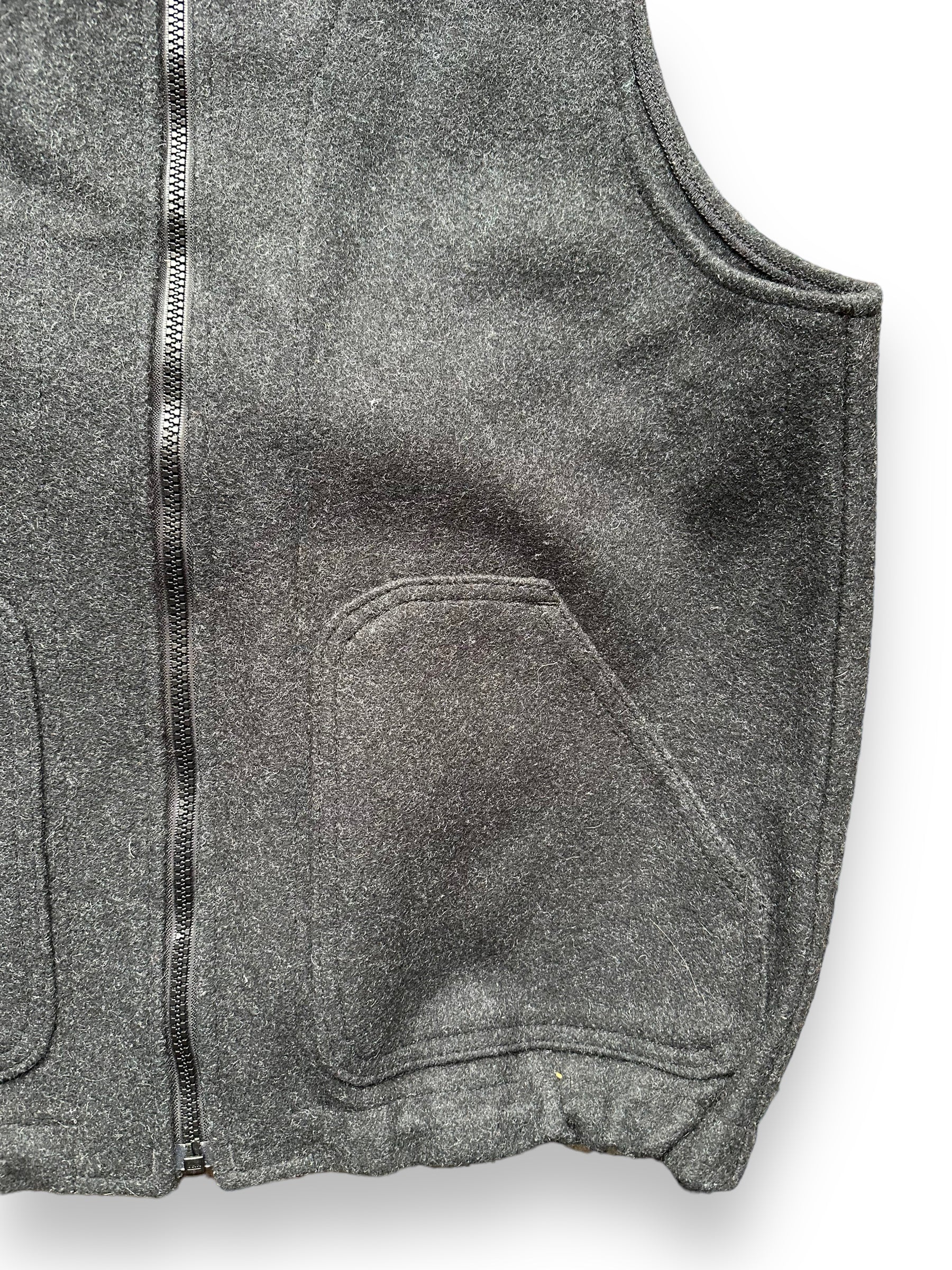 Front Left Pocket View of Filson Mackinaw Wool Sleeveless Charcoal Liner SZ S |  Barn Owl Vintage Goods | Vintage Filson Workwear Seattle