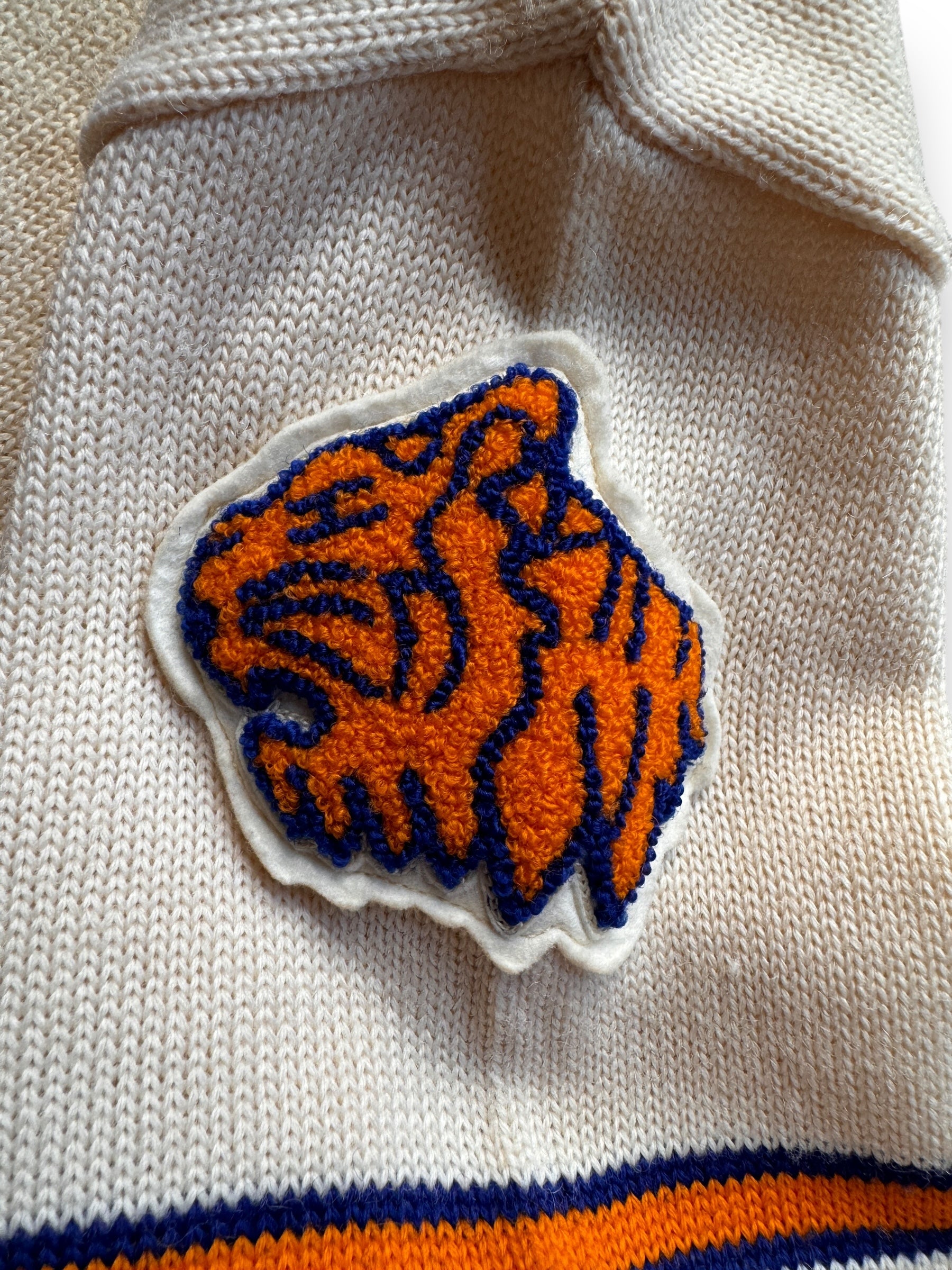 tiger patch on Vintage 1959 Quality Knitting Co. Letterman Cardigan SZ M