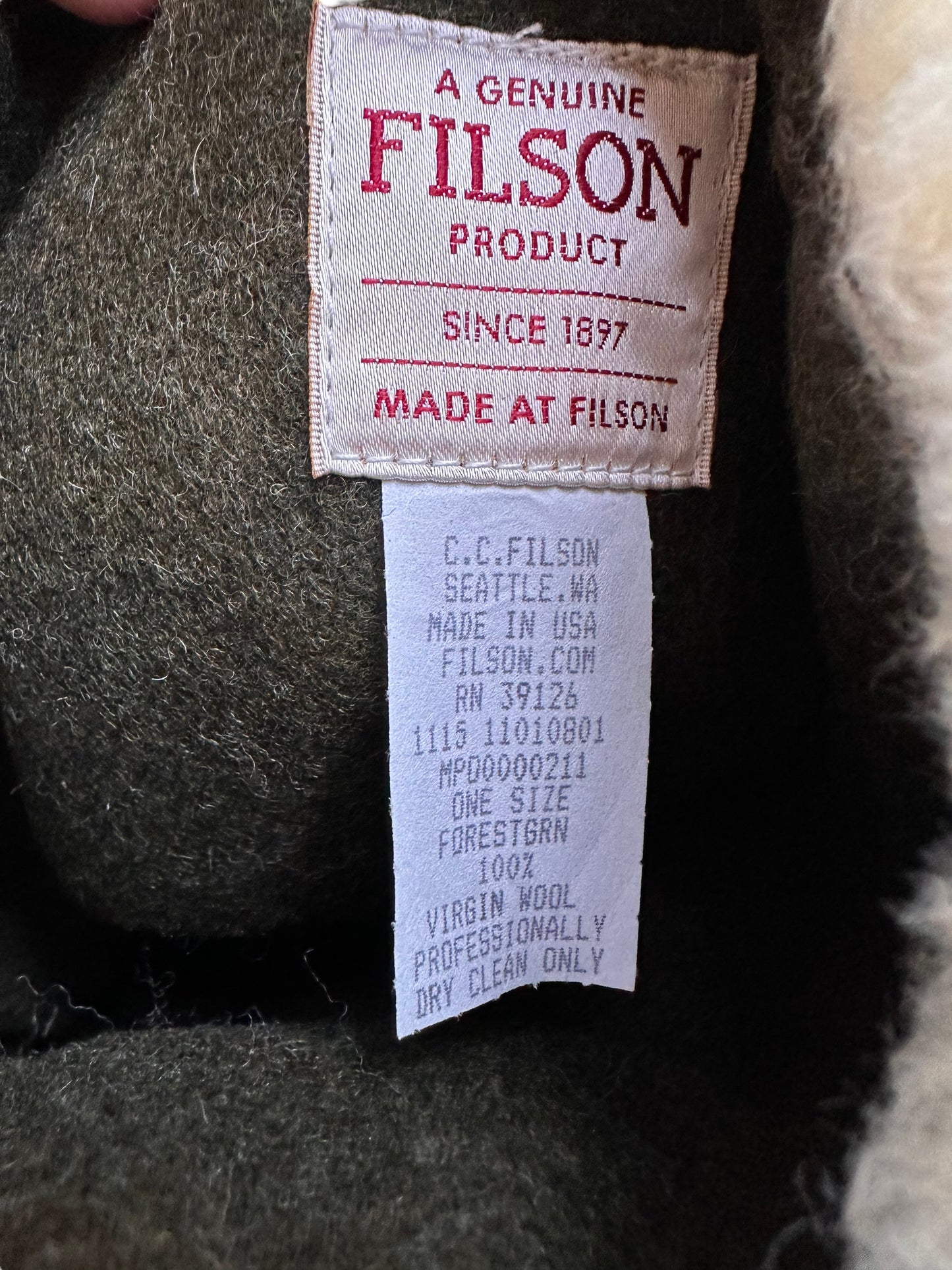 Production Tag View of Filson Forest Green Mackinaw Wool Christmas Stocking |  Barn Owl Vintage Goods | Vintage Filson Workwear Seattle