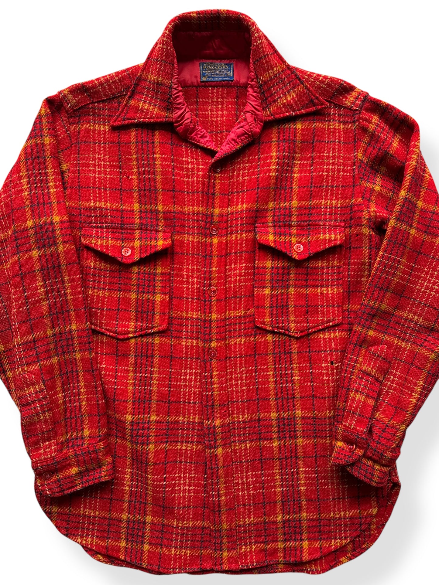 Front Close Up of Vintage Pendleton Red and Yellow Heavy Wool Flannel SZ M