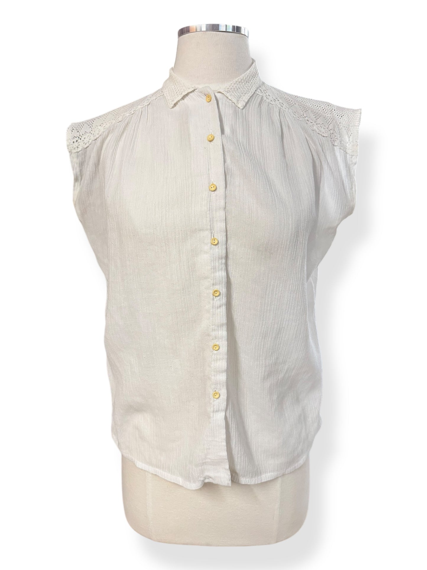 Front view of 1970s Gauzy Lace Button Up Top L