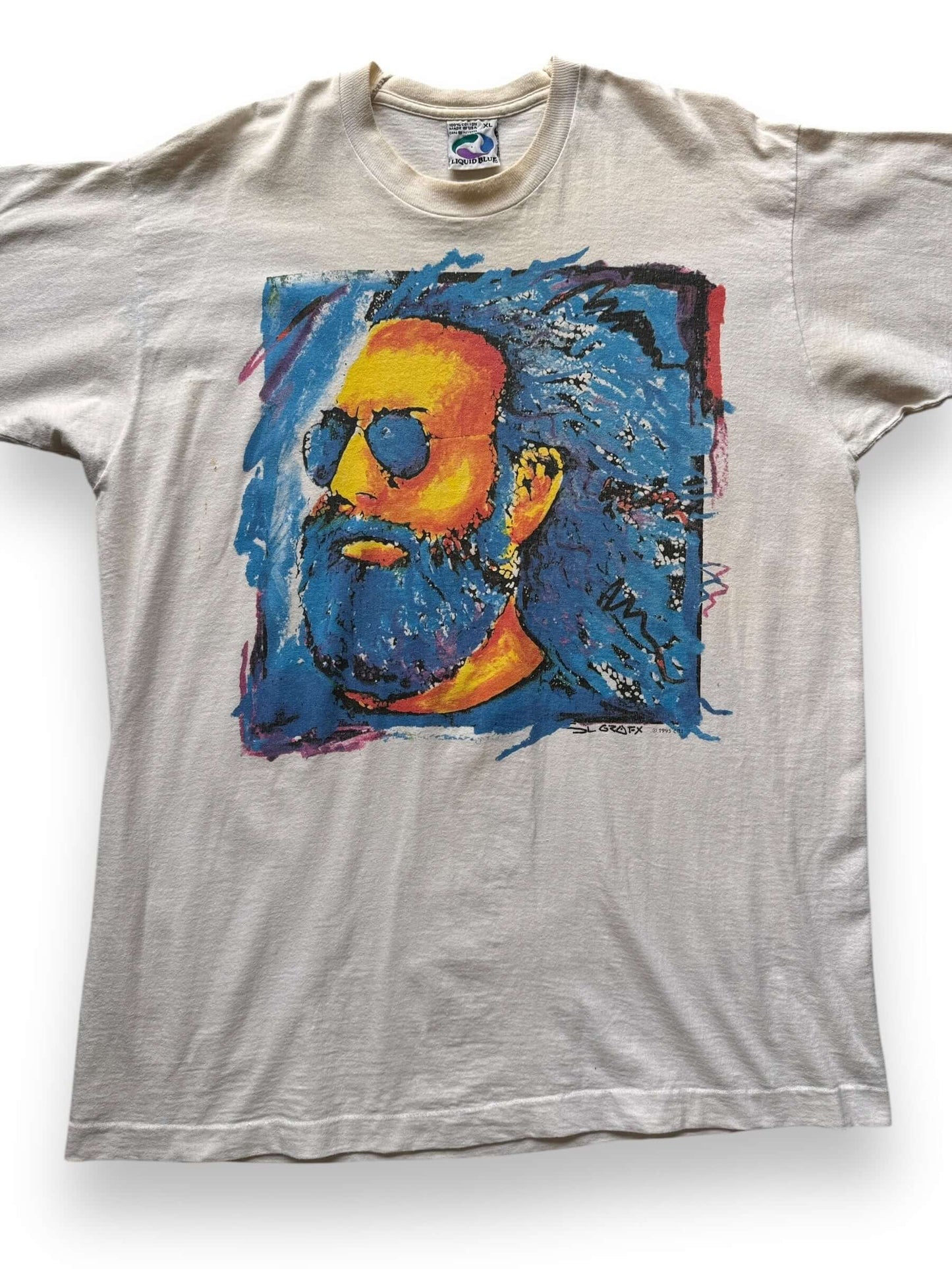 front close up of Vintage Jerry Garcia Memorial Liquid Blue Tee SZ XL