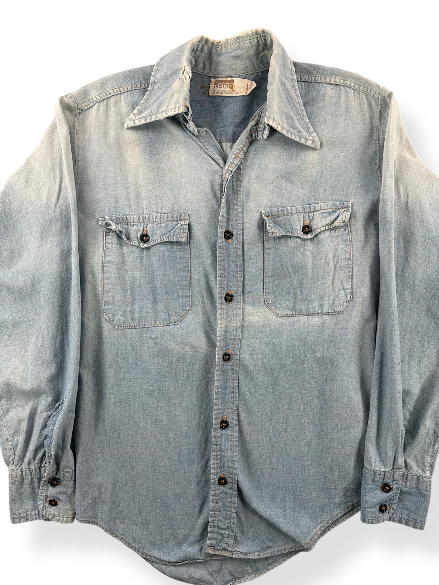 Front Close Up of Vintage Montgomery Ward Suspender Fade Chambray Shirt SZ L