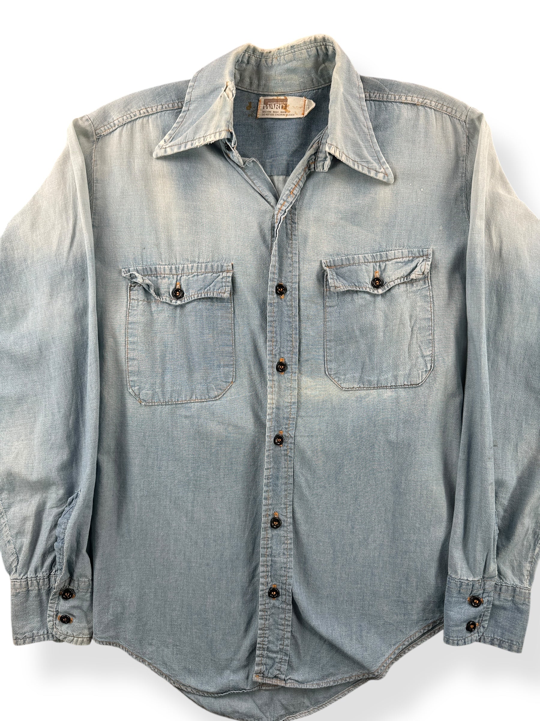 Front Close Up of Vintage Montgomery Ward Suspender Fade Chambray Shirt SZ L
