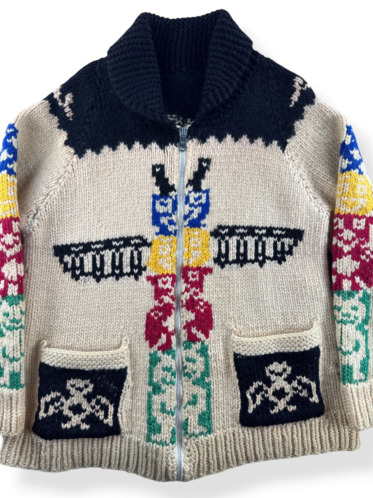 Close-up of Vintage Totem Thunderbird Cowichan Sweater SZ S