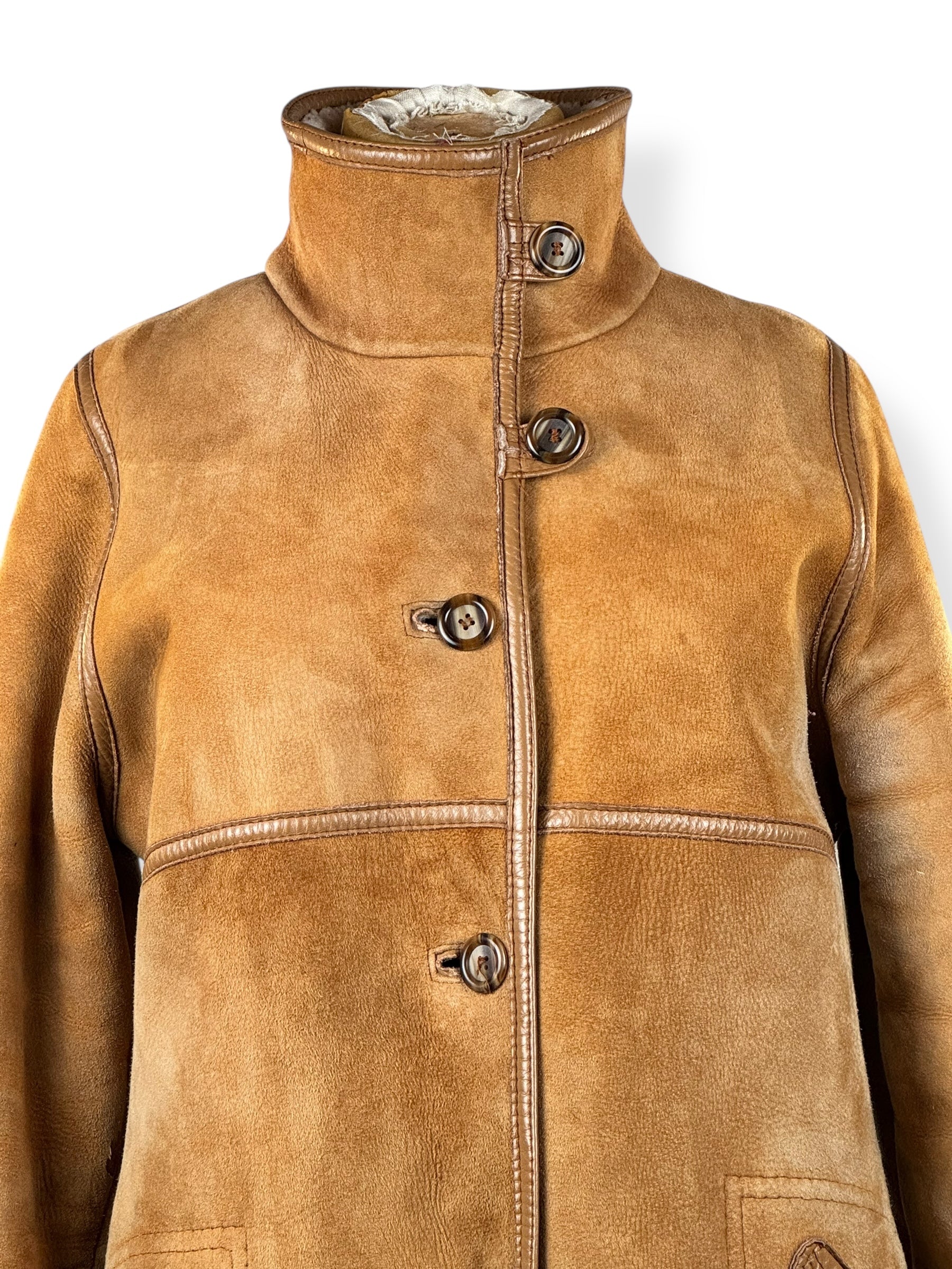 Front collar view of 1970s Aleksander Suede Shearling Coat M